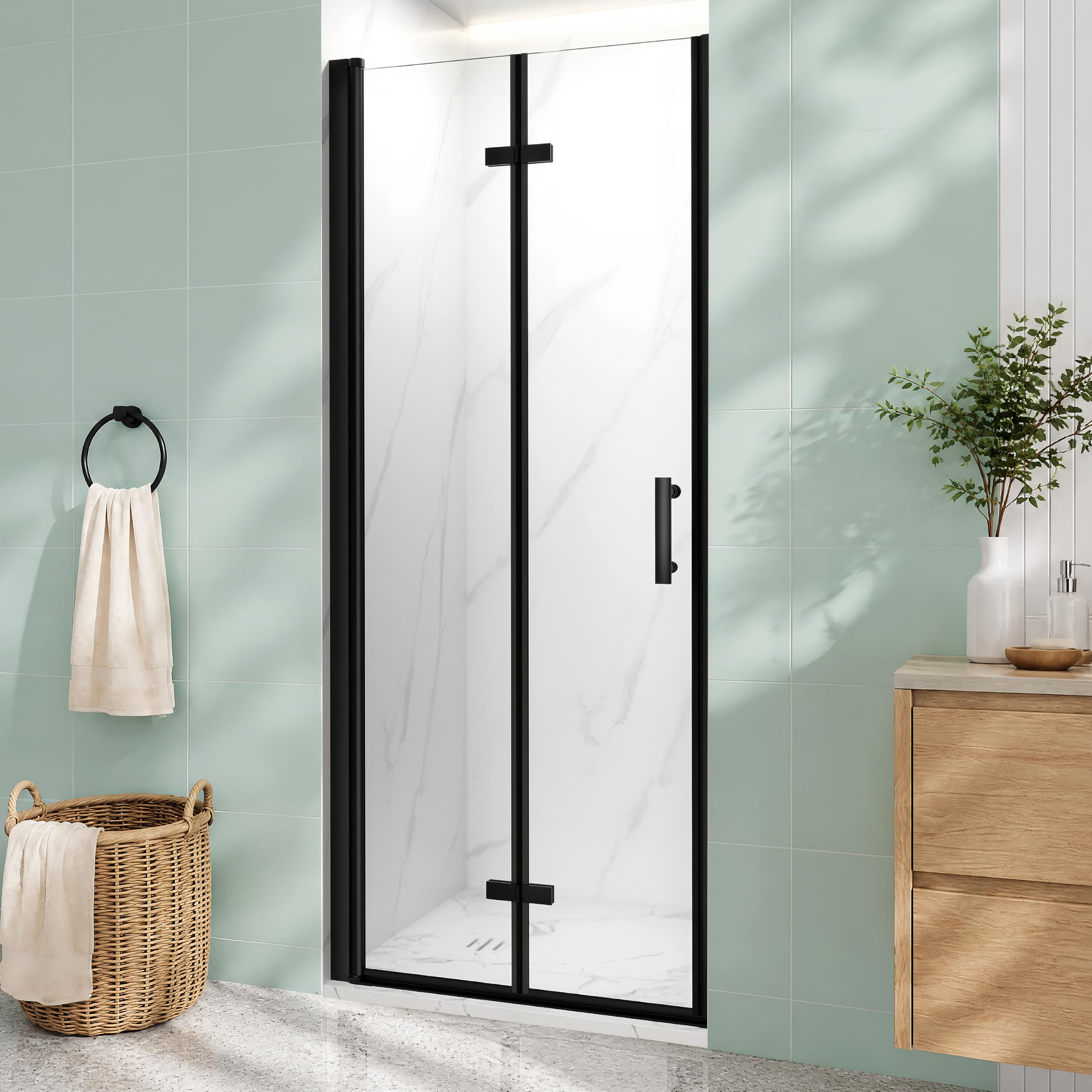 i-Homare 900x1900mm Black Frameless Bi-Fold Shower Door 6mm Toughened Glass Folding Shower Screen Space Saving Magnetic Seal Reversible for Wet Rooms En-Suites