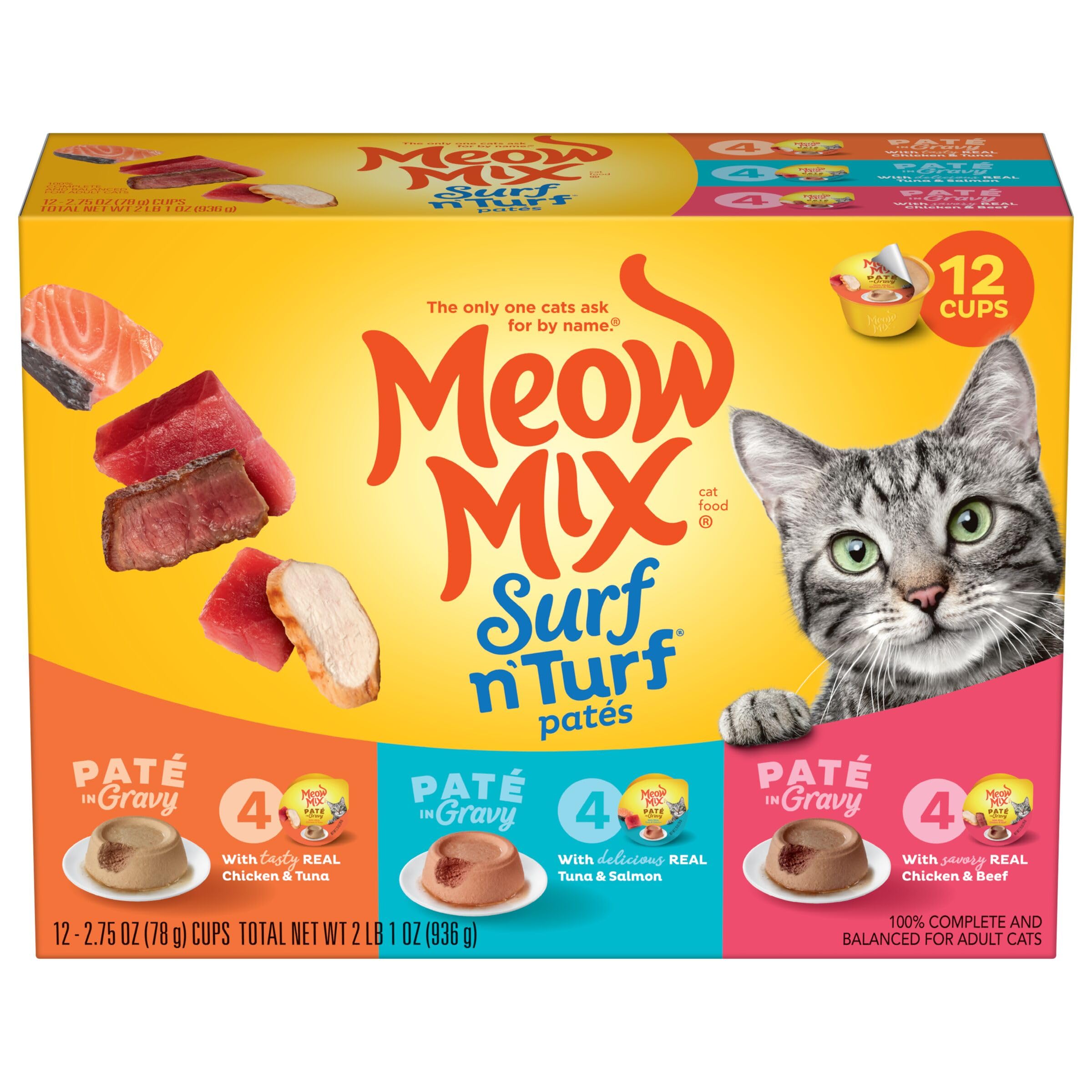 Meow Mix Paté in Gravy Wet Cat Food Variety Pack, Surf n’ Turf Patés 2.75 Ounce (Pack of 12)