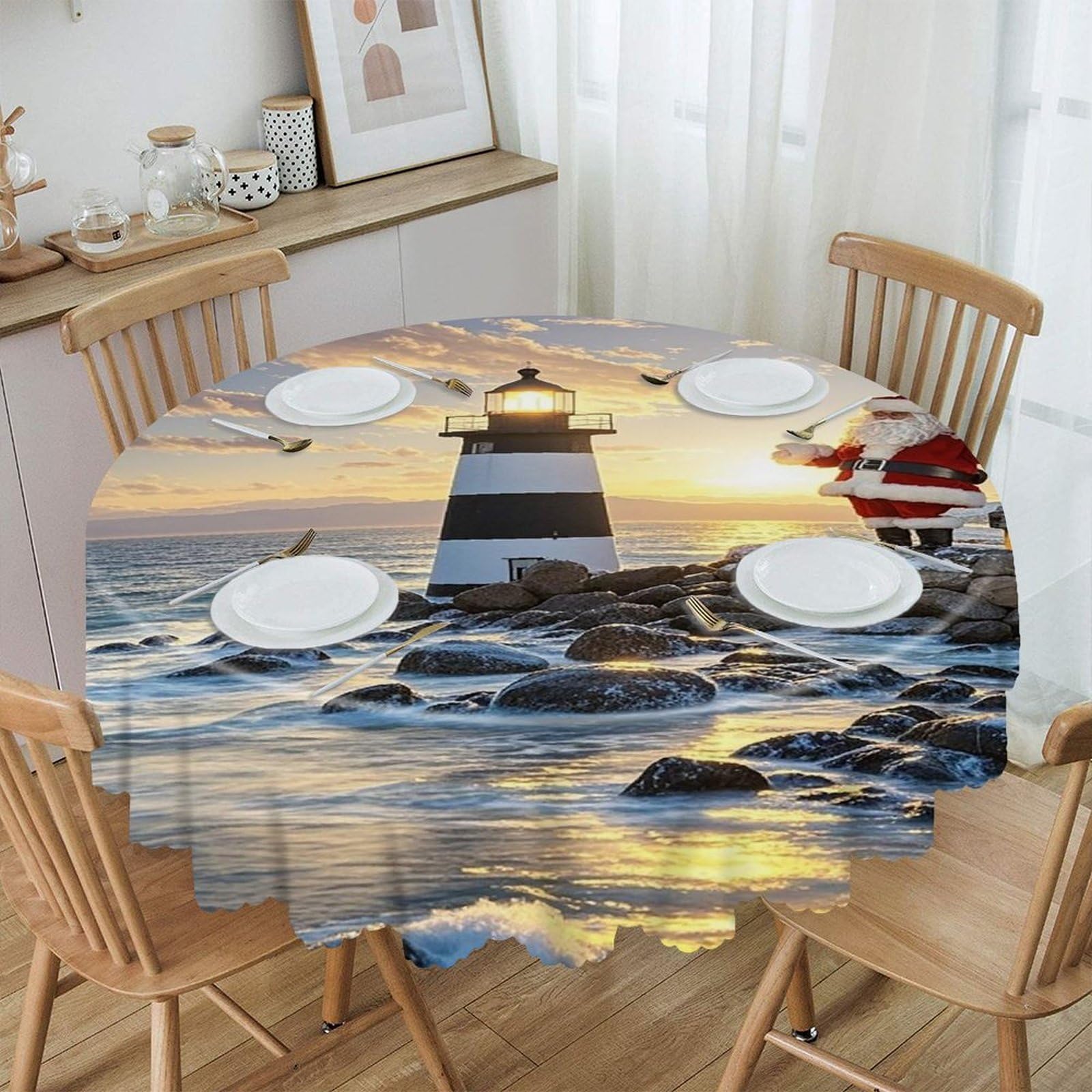FekiLoot 60 Inch Round Santa Claus Lighthouse Tablecloth Waterproof Heavy Duty Polyester Table Cloth Spill-Proof Wipeable Table Cover Decorative Circle Dining Tablecover for Party Outdoor