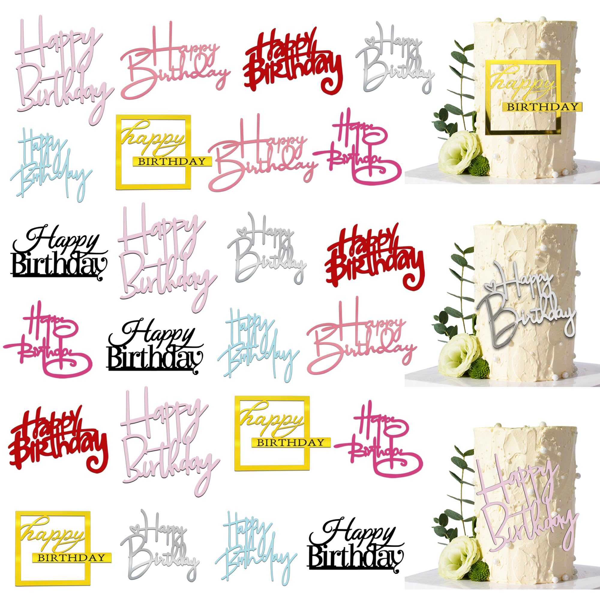24 PCS Happy Birthday Cake Toppers Mirror Acrylic Cake Topper Side Cake Decorations in 8 Colors Black Silver Gold Rose Gold Pink Rose Red Blue Red Ideal Birthday Party Supplies 8 Styles
