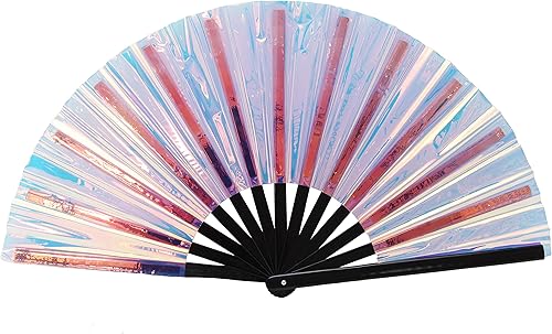 Miniatura 6 de Gionforsy 1 ventilador plegable Rave para mujer, ventilador de mano grande de bambú con tela de color brillante para festival (1 unidad, estilo 4,