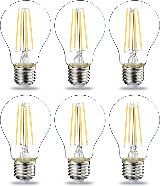Amazon Basics Bombilla LED E27 Edison, de 7 W (equivalente a 60 W), filamento transparente, no regulable, paquete de 6, CRI80