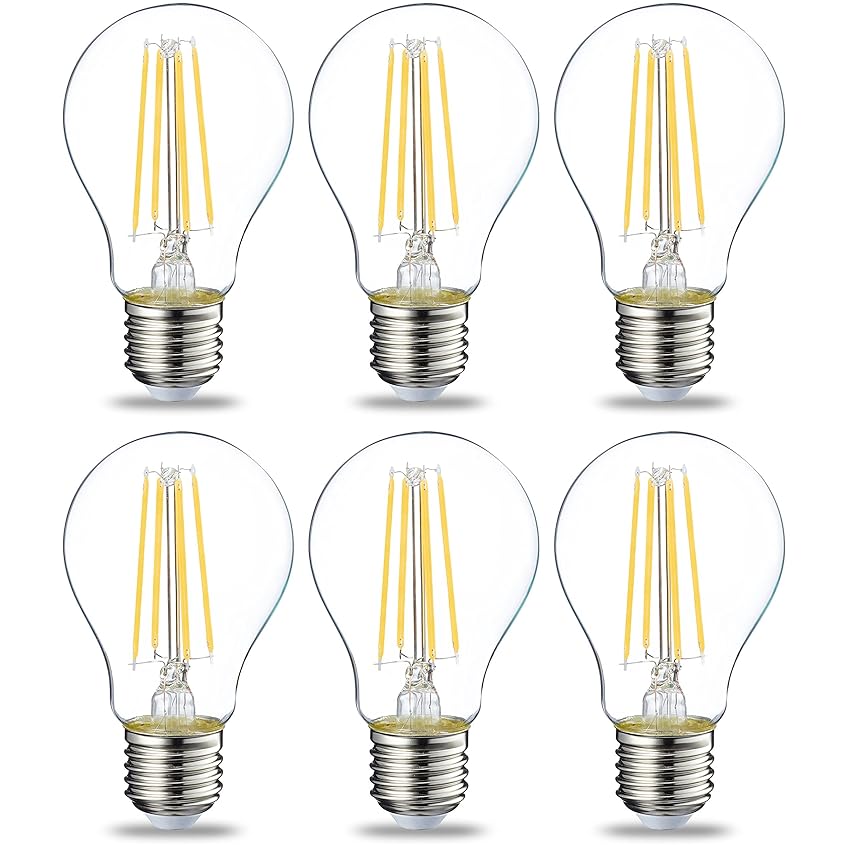 Immagine del prodotto Amazon Basics Confezione da 6 lampadine a LED, con attacco Edison E27, piccole, da 7 W (equivalenti a 60 W), con filamento in vetro trasparente, non dimmerabili, Luce Bianca Calda