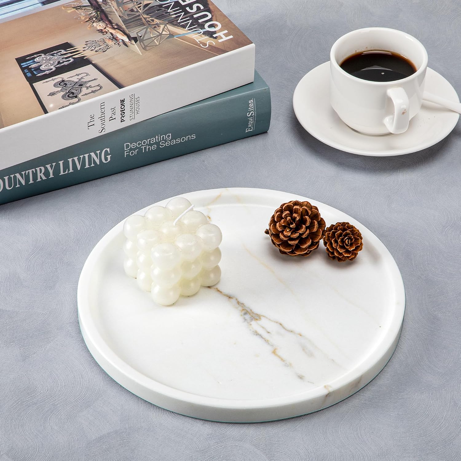 Natural Marble Tray for Home Decor Bathroom Kitchen Vanity Dresser Genuine Marble Storage Tray for Cosmetics/Jewelry Non-Resin/Non-Ceramic 9.8"