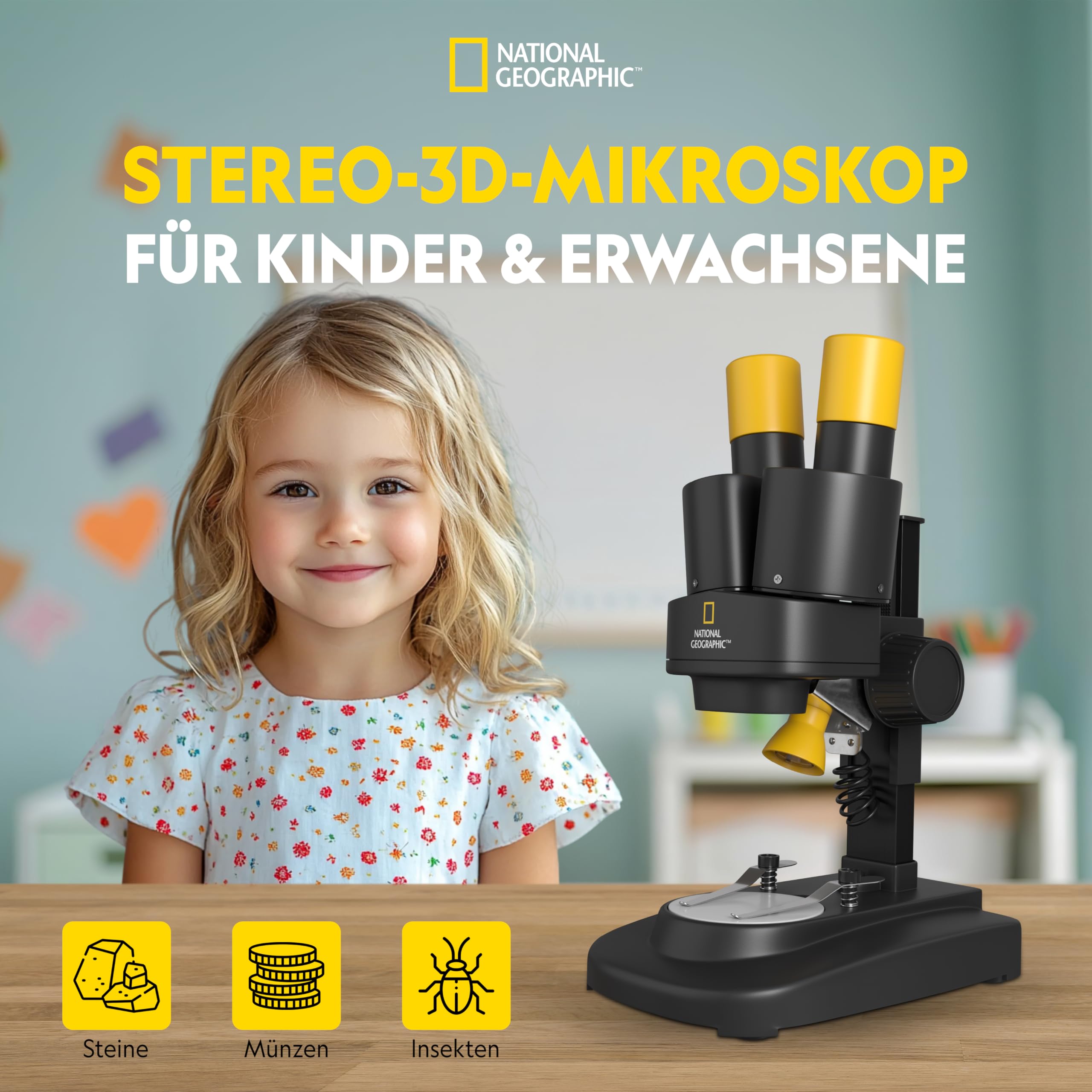 National Geographic Microscopio Stereoscopico 20x | Visione binoculare, Distanza interpupillare regolabile, 12 campioni minerali, Funzionamento a batterie, Per natura
