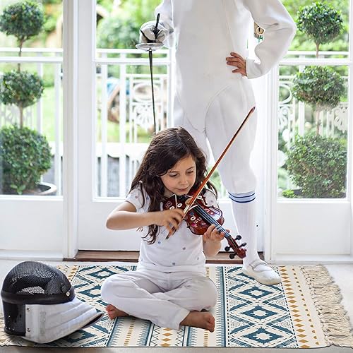 Miniatura 6 de Alfombras de baño bohemias, alfombra de cocina de 2 x 3 pies con borlas, alfombra pequeña de algodón para interiores, alfombra de baño rústica