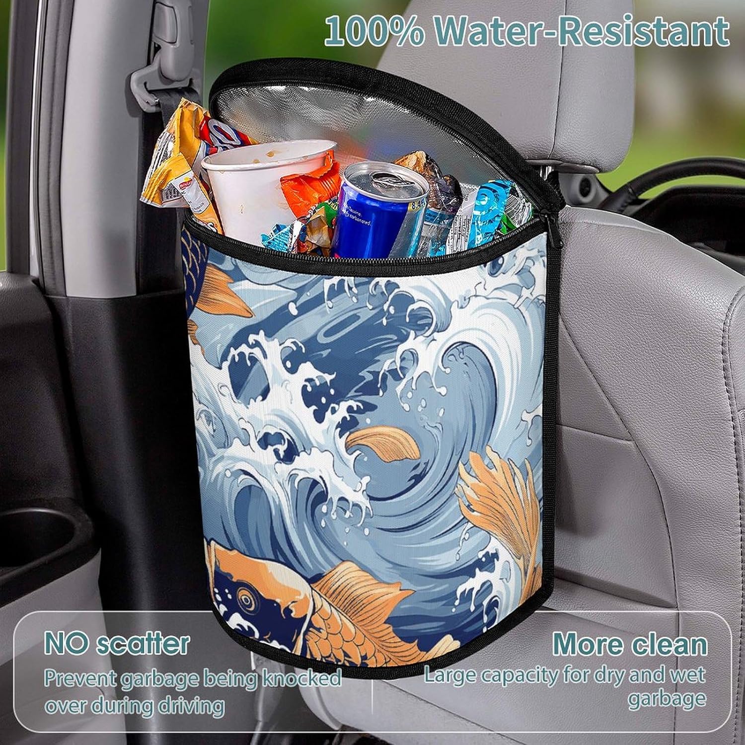 Hanging Car Trash Bag Carp with Wave Patterned Printed Car Garbage Storage Bag Leakproof Car Trash Can Portable Garbage Storage Bags