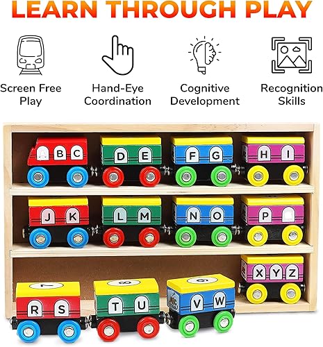 Miniatura 3 de Juego de trenes de madera ABC magnéticos para niños pequeños, 12 piezas, compatible con todos los juegos de accesorios de tren, trenes de juguete