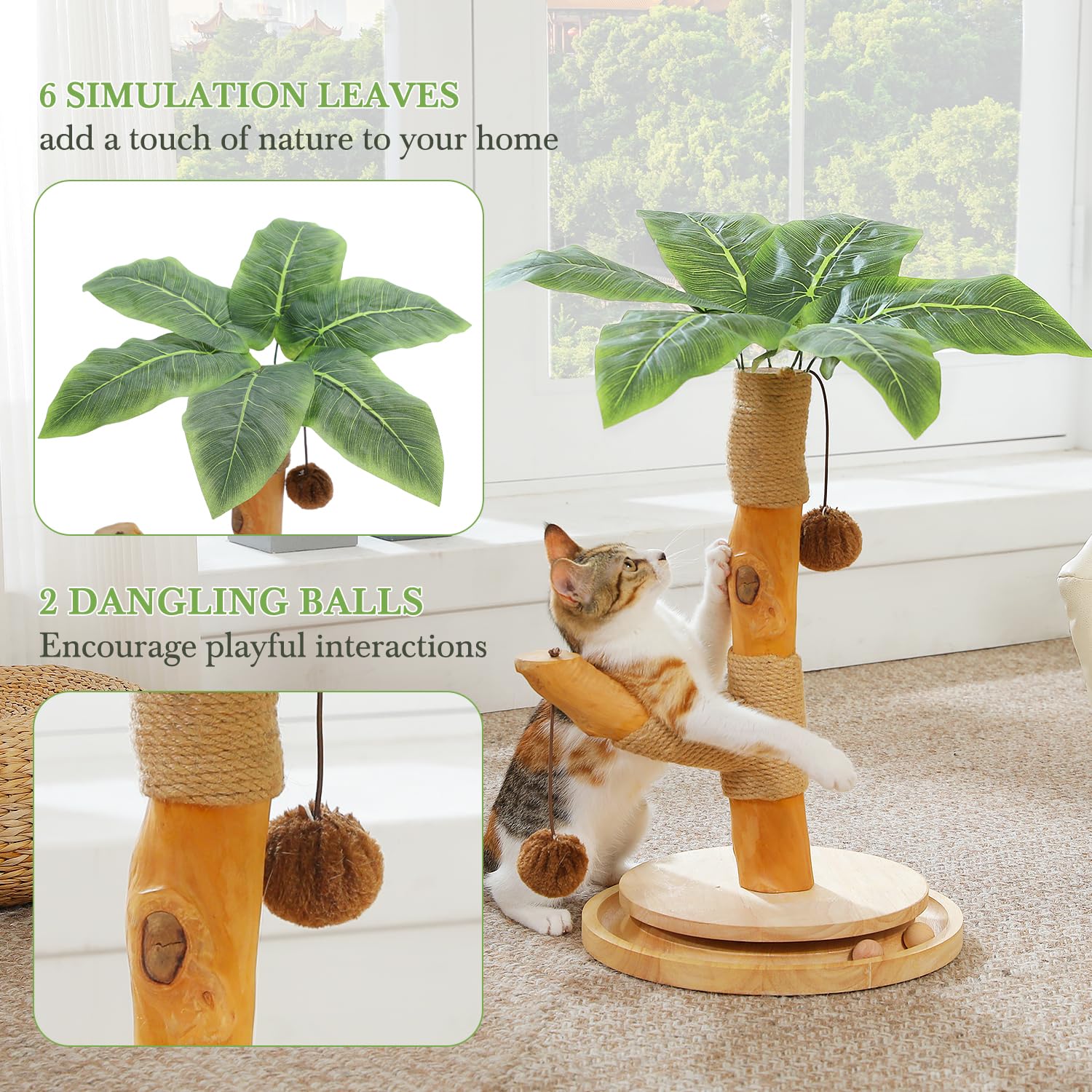 PAWZ Road Katzenkratzbaum Palme für Katzen – Kratzsäule aus Naturholz mit interaktivem Balltrack & 2 Spielbällen, Stabiler Katzenkratzstamm, Terracotta, 44 cm