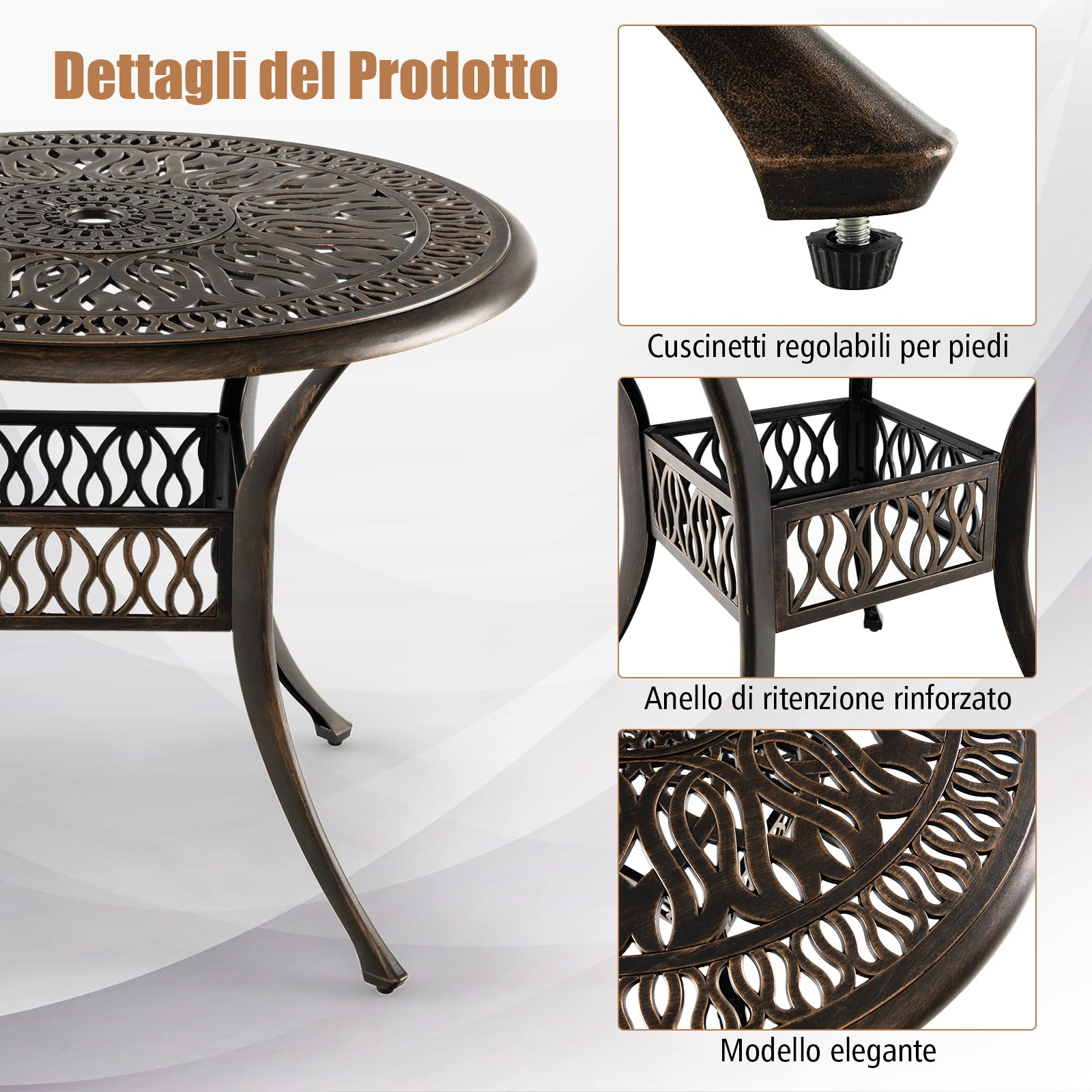 COSTWAY Tavolo da Pranzo 90 cm, con Foro per Ombrellone 5 cm | Tavolo da Esterno in Alluminio, Piedini Regolabili, Mobile Rotondo da Giardino Esterno, 90 x 74 cm