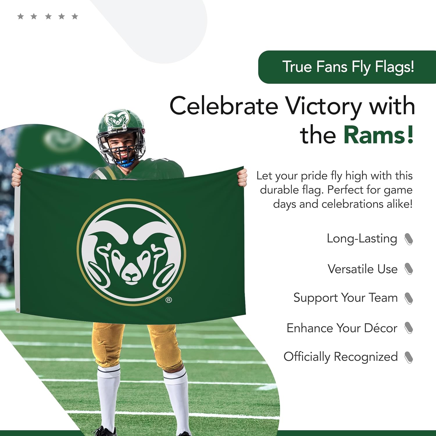 Colorado State Rams College Sports Printed Flag - NCAA Licensed - Nylon - School Banner (Green, White) (3' x 5') - Image 5