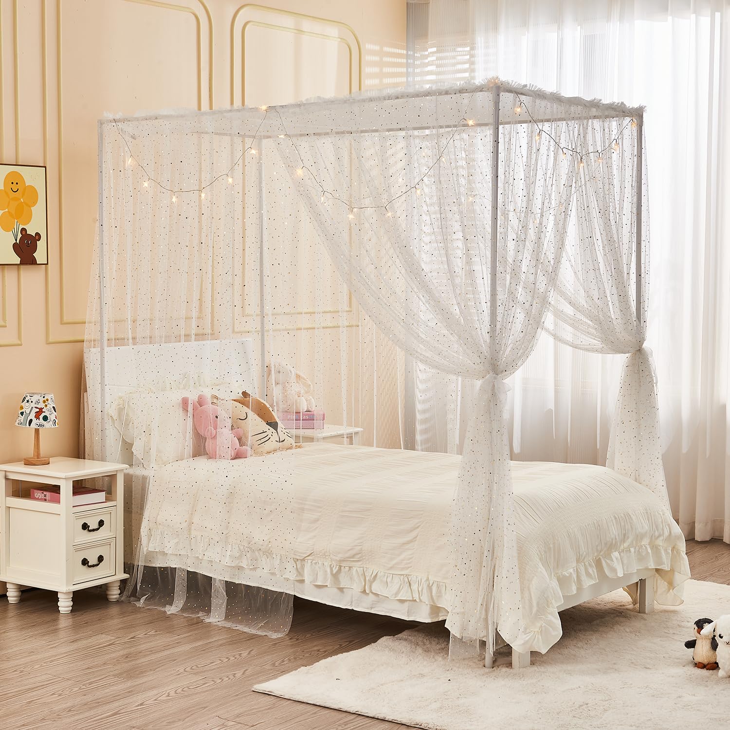 Weißer glänzender Betthimmel mit Lichtern für Mädchen und Kinder, 4 Eckpfosten, Mond, Sterne, Pailletten, Prinzessin, Betthimmel, Bettvorhänge für Schlafzimmer, Dekoration (voll, weiß)