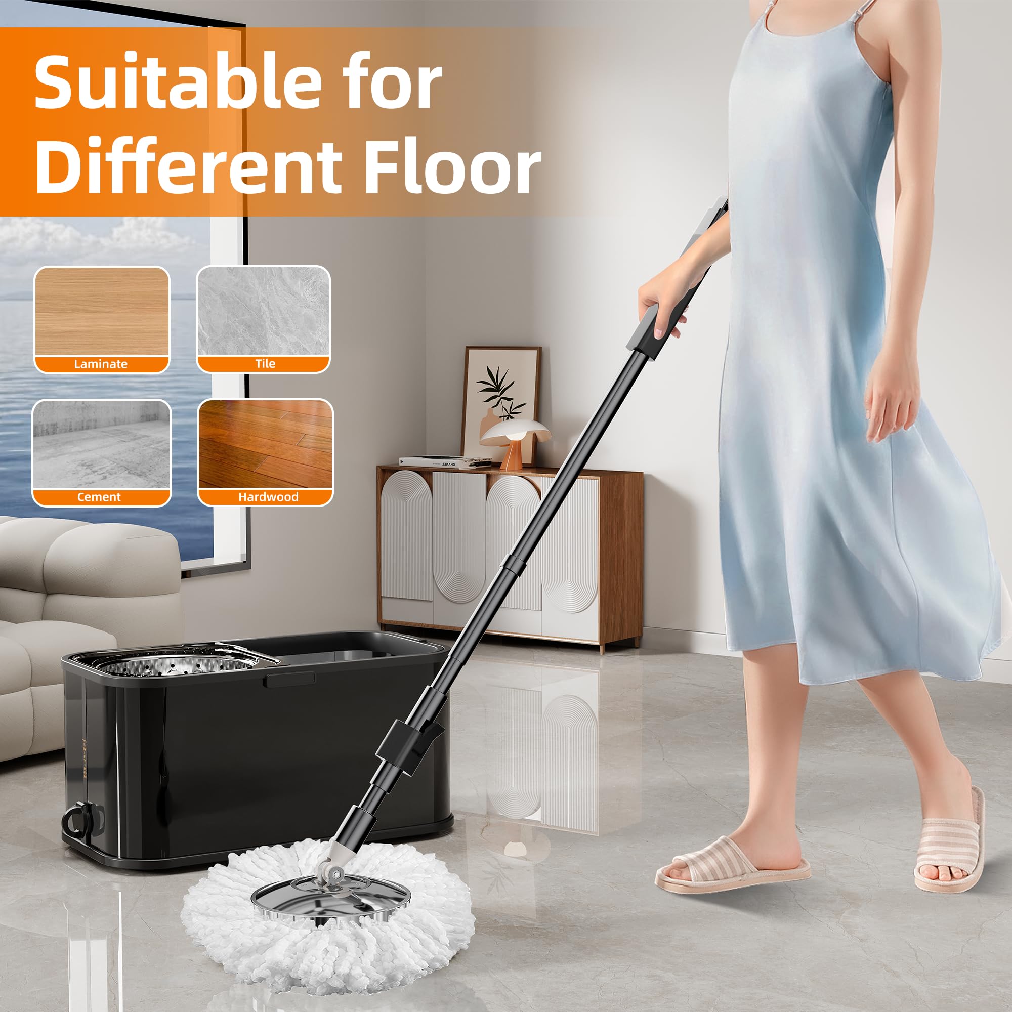 Juego de fregona giratoria y cubo, sistema de limpieza de piso giratorio de 360 grados con 4 recambios de cabezal de microfibra de repuesto, mango extensible de 53 pulgadas (negro)