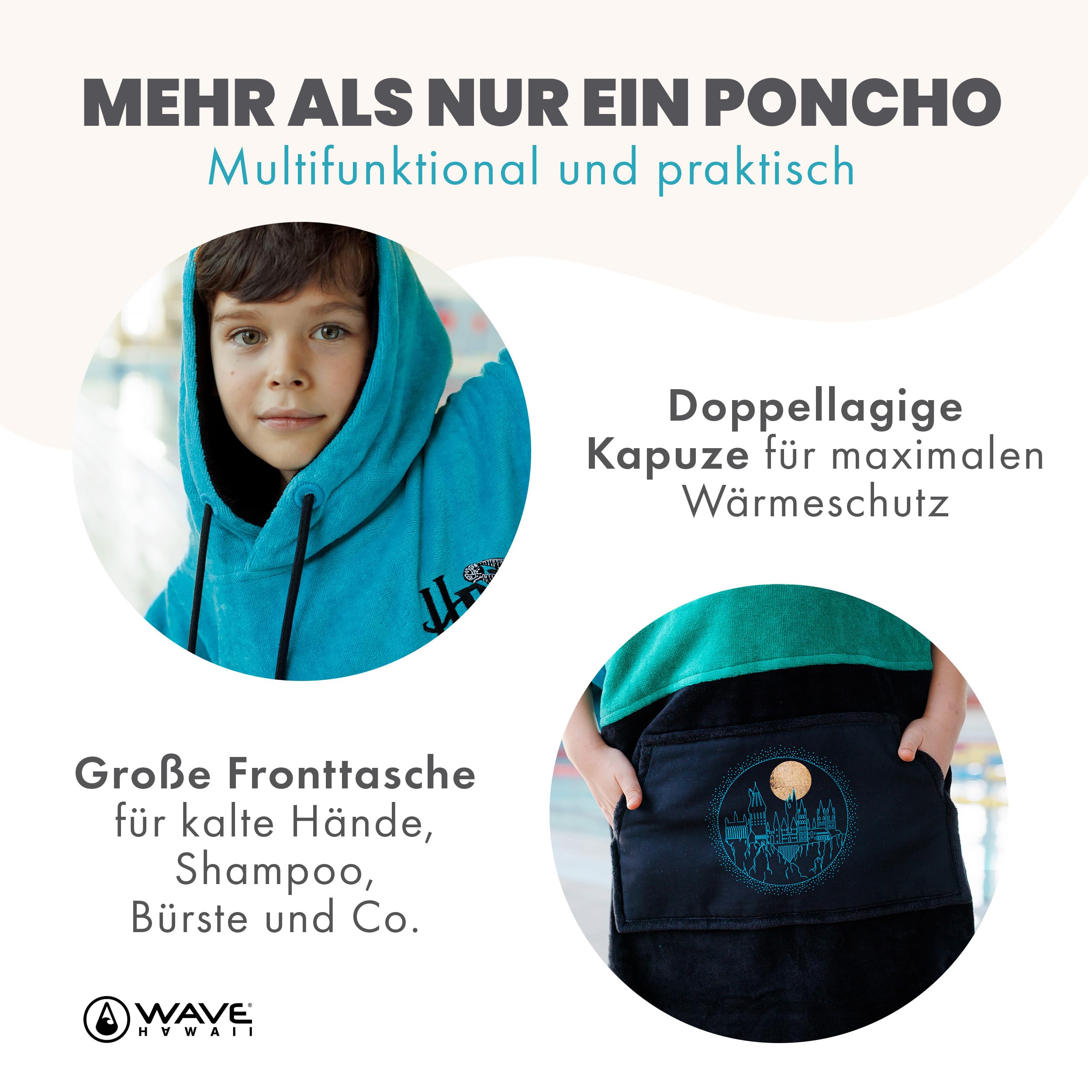 WAVE HAWAII Poncho kąpielowe damskie i męskie, rozmiar S, 151–173 cm | Poncho surfingowe dla dorosłych z bawełny 95–100%, chłonny ręcznik frotte, poncho do przebierania