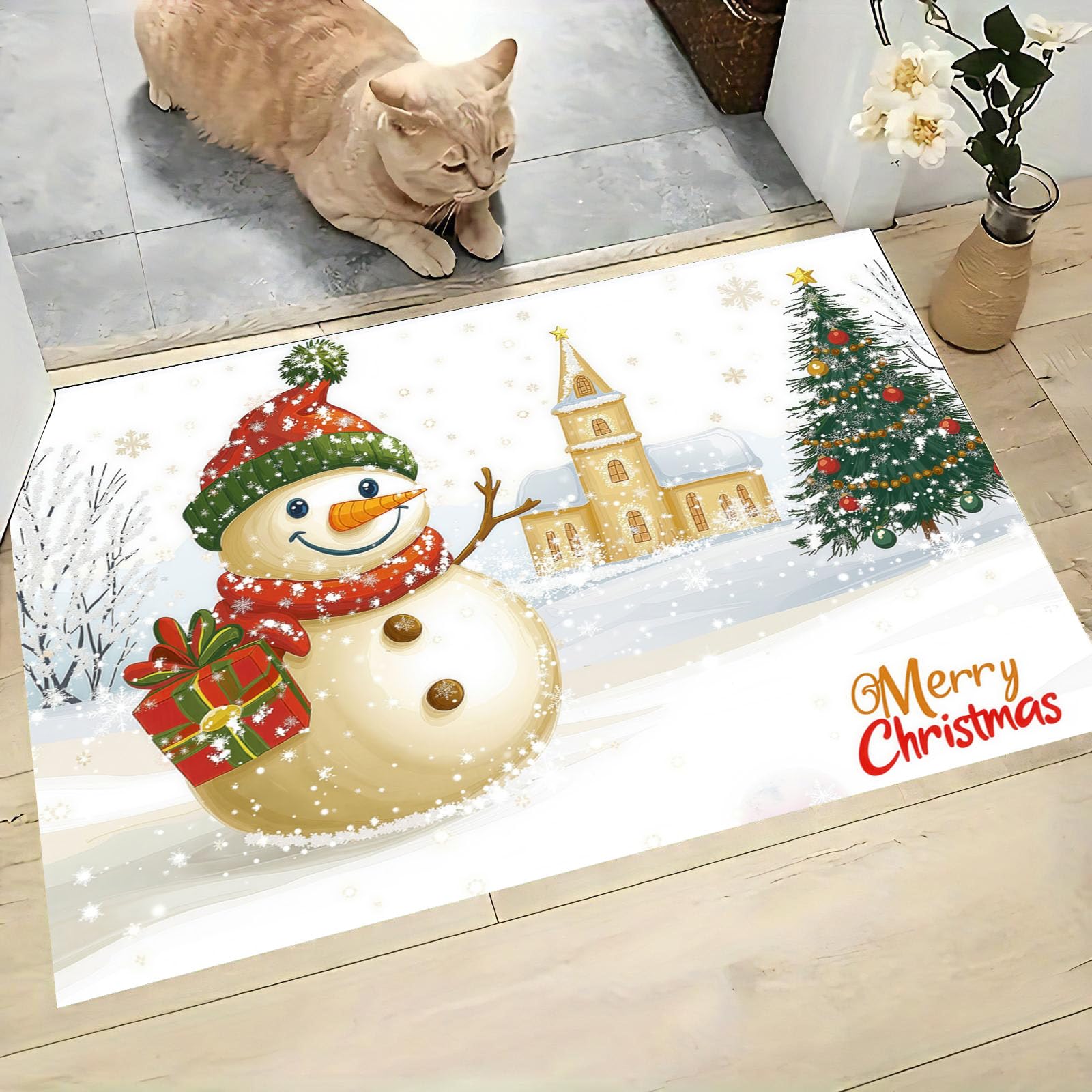 Fußabtreter Innen mit Schneemann, Weihnachtsmotiv Im Cartoon-Stil Waschbare rutschfeste Fußmatte für drinnen und draußen, Willkommensmatte für Eingangsbereich, 80x120cm