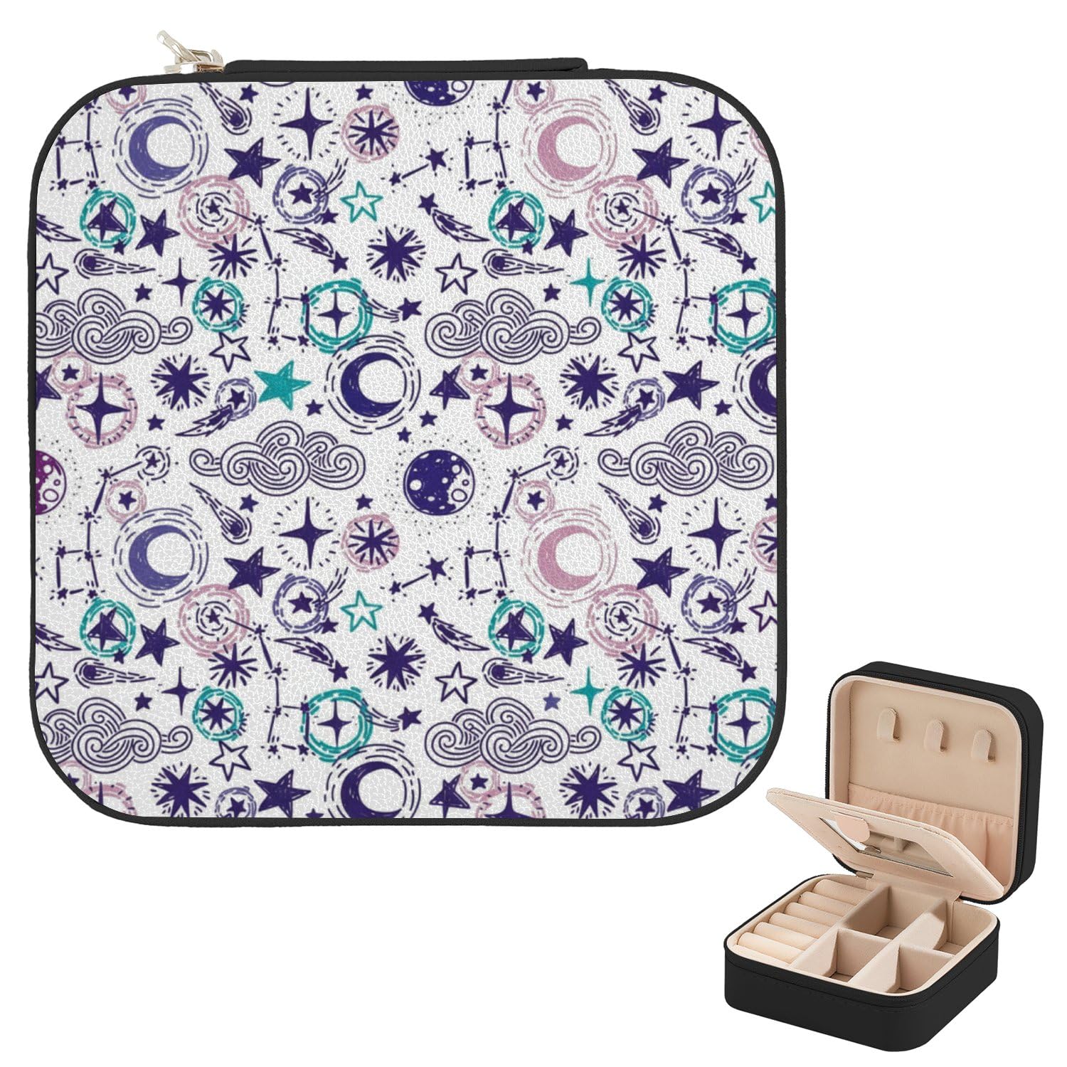 Small Travel Jewelry Box Organizer With Mirror Mystical Sky Pattern Initial Jewellery Box For Women Friends Portable Travel