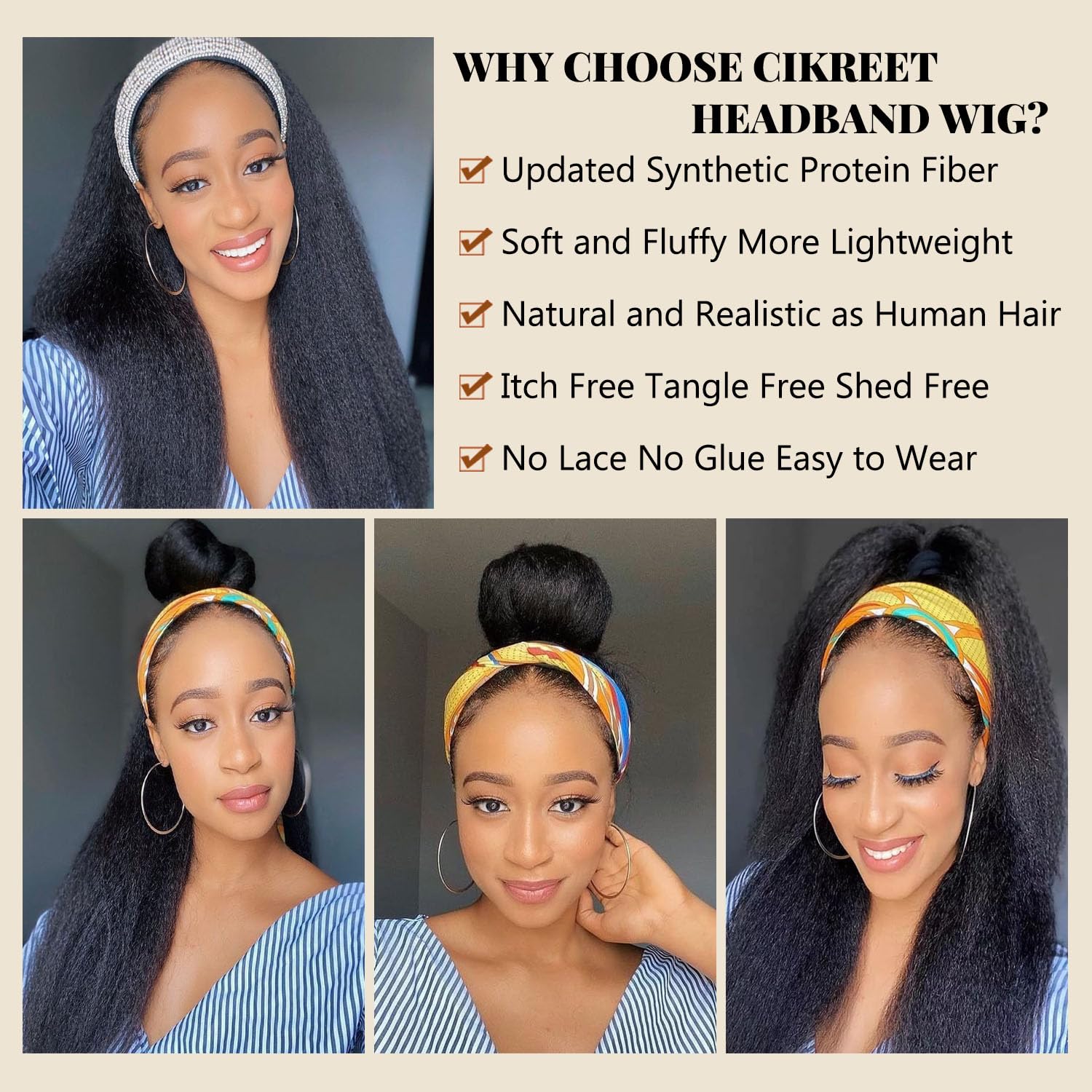 Kinky Straight Headband Wig 28 Inch Yaki Straight Headband Wigs for Black Women Afro Glueless Synthetic Half Wig Soft Realistic as Human Hair Lightweight Natural Looking Easy to Wear 1B Natural Black