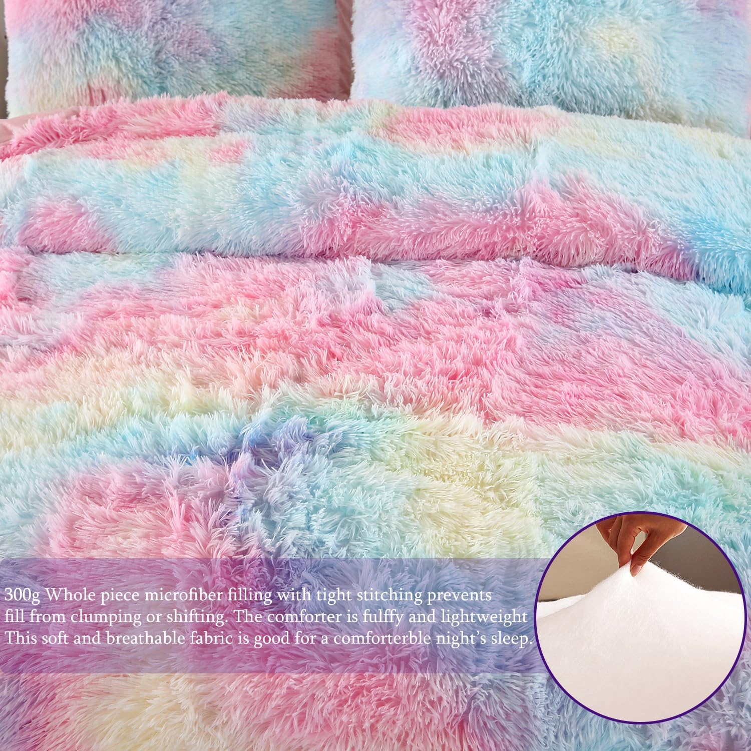 WINLIFE Faux Fur Comforter Set Twin Size for Girls Bedding Plush Shaggy Comforter Sets Gradient Ombre Tie Dye Bed Set Fuzzy Furry Long Hair Fluffy Comforter (3Pcs, Twin, Rainbow) - Image 5