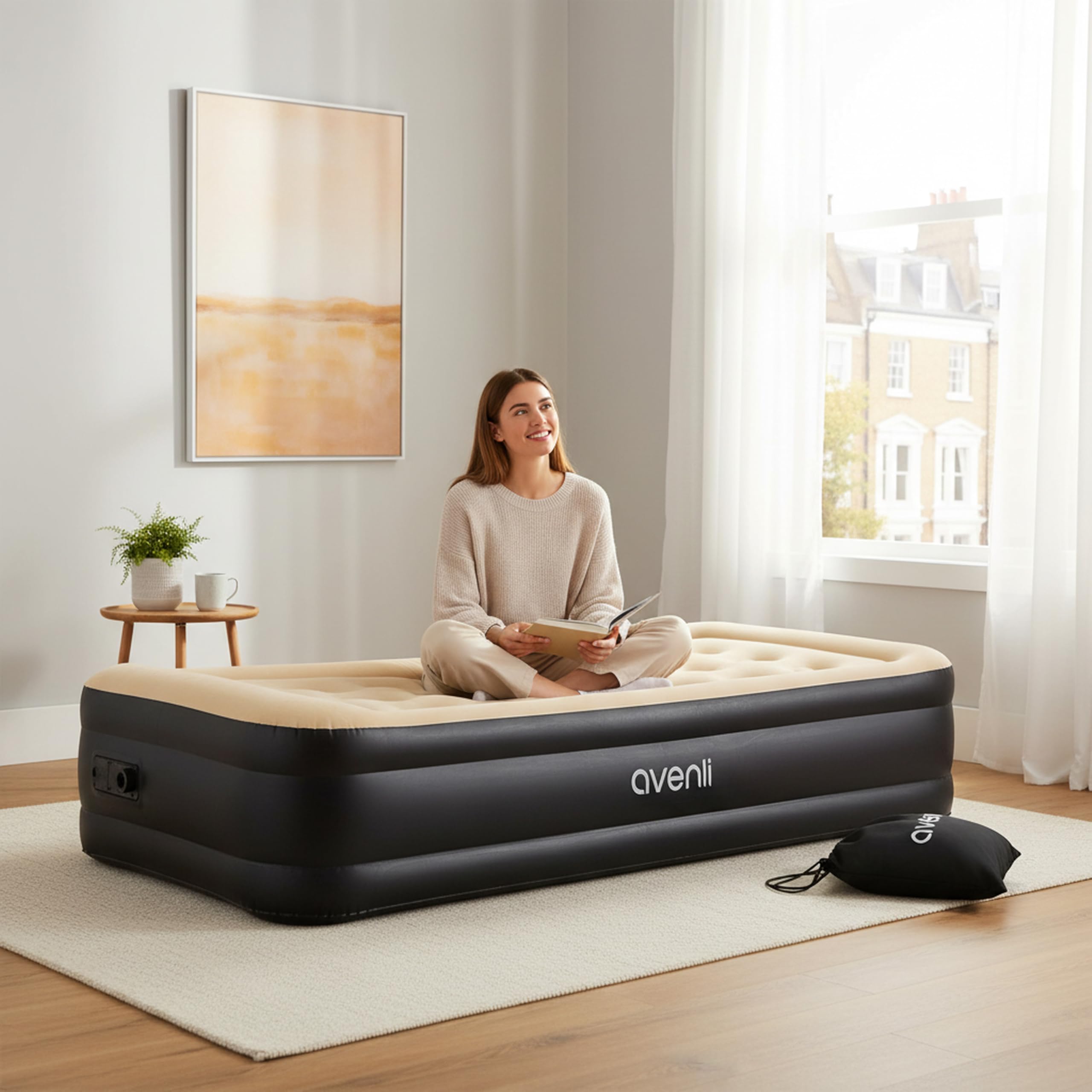 AVENLI Luftmatratze selbstaufblasend 1 Person 196x97x47 cm Twin-Size Luftbett mit integrierter Elektropumpe bis 150 kg Camping Coil-Beam beige