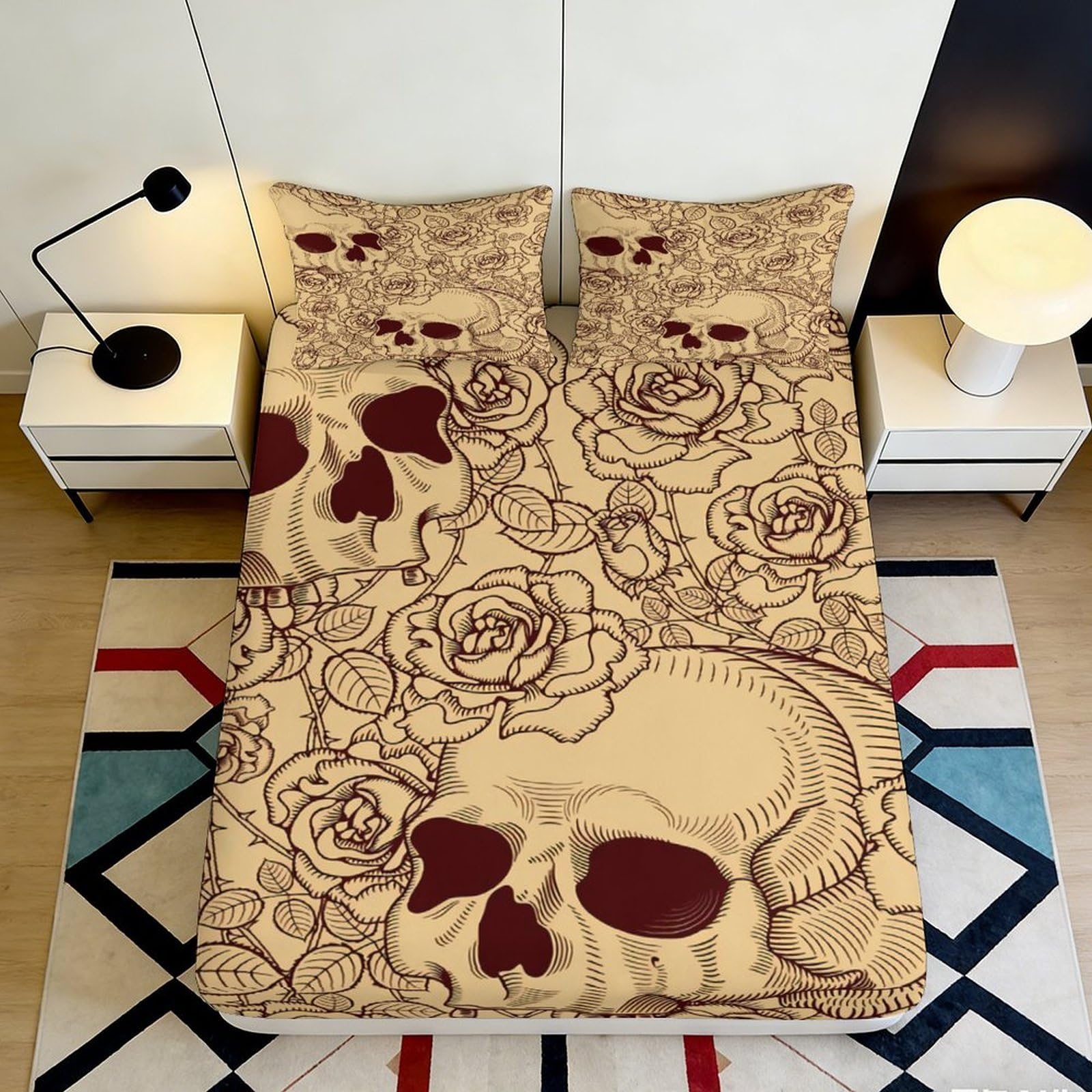 3D Printed Skull Rose Fitted Sheet Microfiber Anti-Slip Mattress Cover for Bedroom Dorm Easy Care Decor 115 140x200x25cm