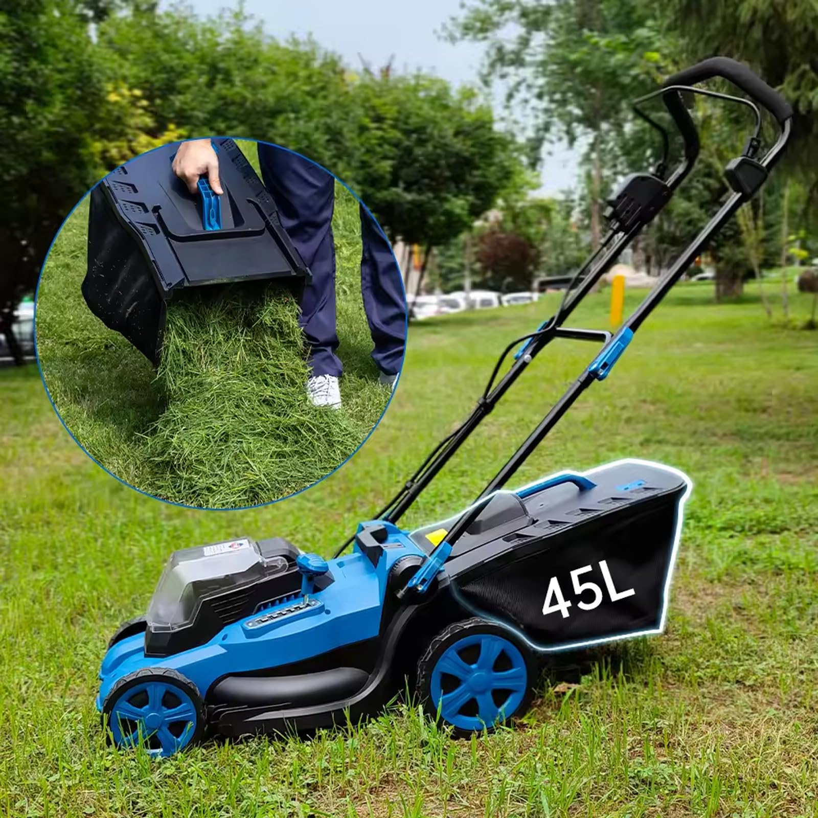 FfiMe Cortacésped eléctrico de 2600 W, Caja de césped Grande de 45 L, Ancho de Corte de 38 cm, 6 Alturas de Corte Ajustables (25-75 cm), Plegable para Almacenamiento, cortacésped inalámbrico