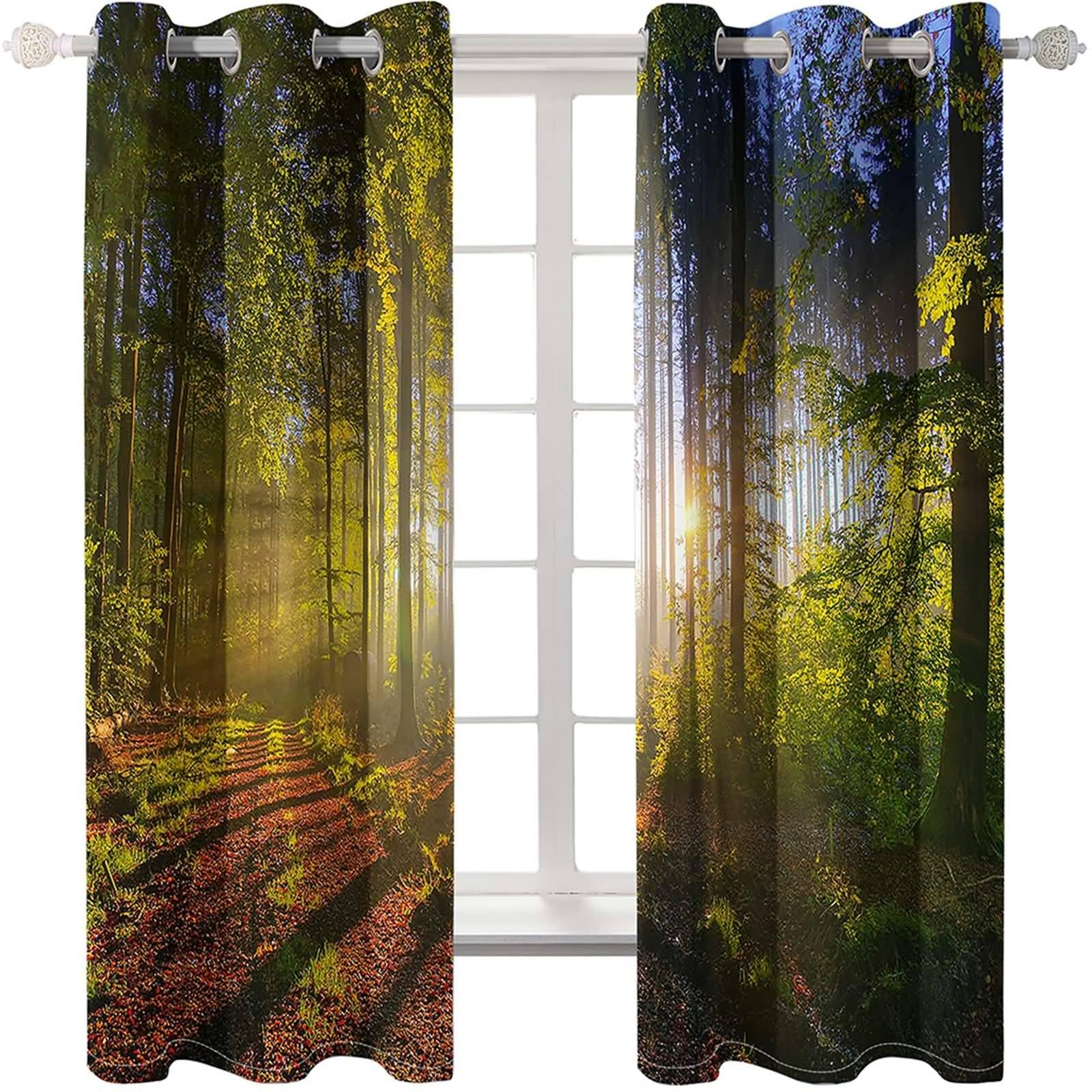 Fenstervorhänge Modern, 107x160cm Grün Sonnenschein-Waldlandschaft Schlafzimmer Gardinen und Vorhang Kälteschutz & Wärmeisolierend