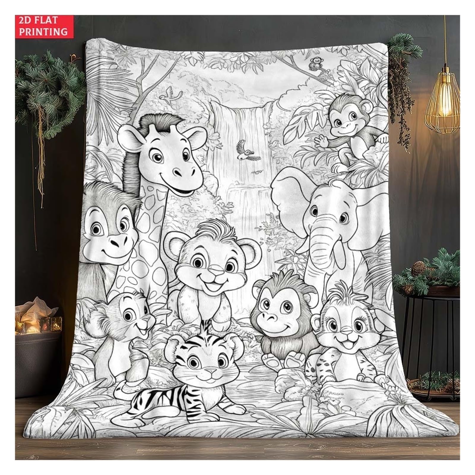 coperta da colorare Simpatica coperta da tiro in stile libro colorare con animali della giungla(180x220cm70x86in)