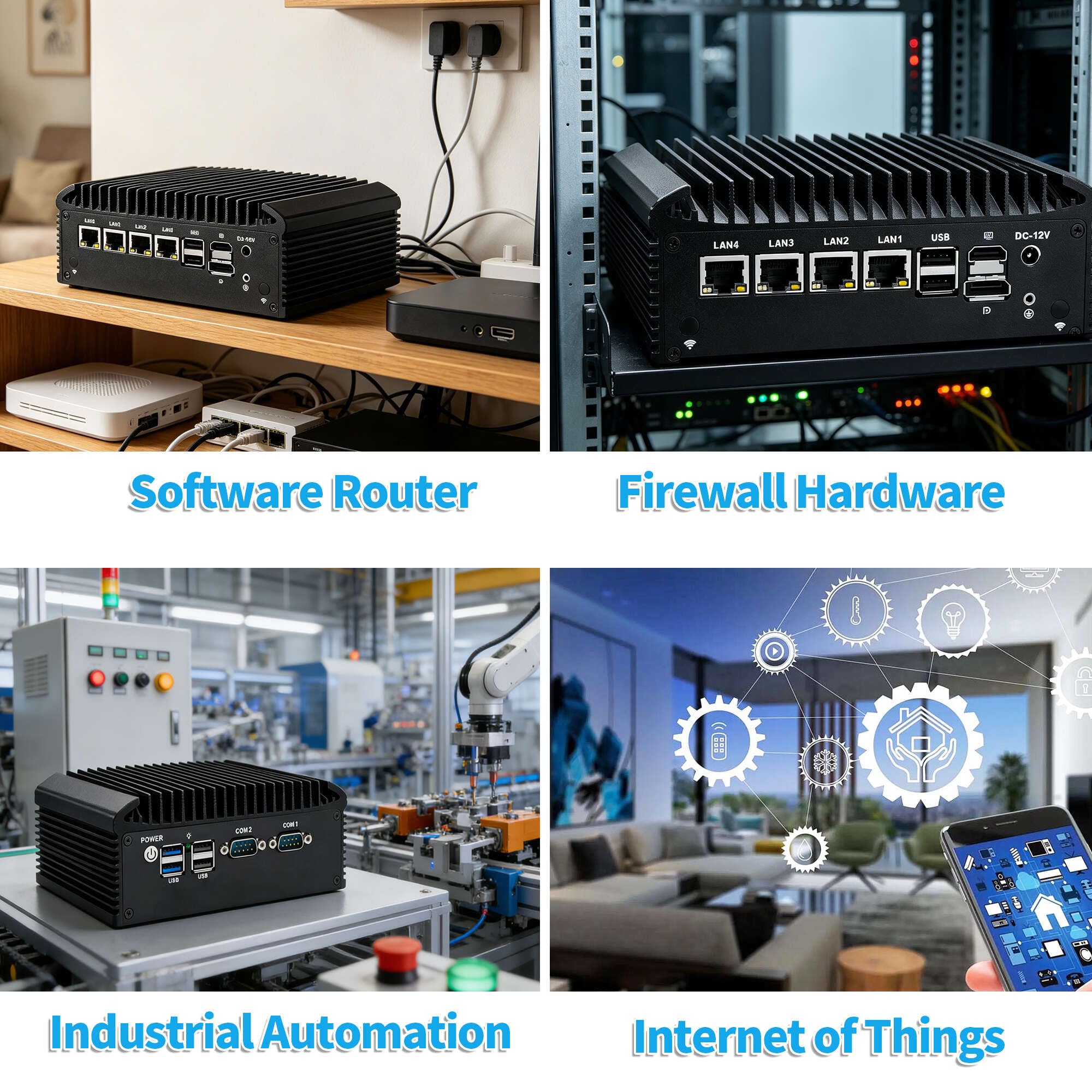 Mini PC Firewall, N305, Fanless Micro Computer Appliance, 4 x i226-V 2.5GbE LAN, Dual COM, Router Hardware, USB 3.1, HD, DP, OPNsense, AES-NI, DDR4, Barebone NO RAM NO SSD