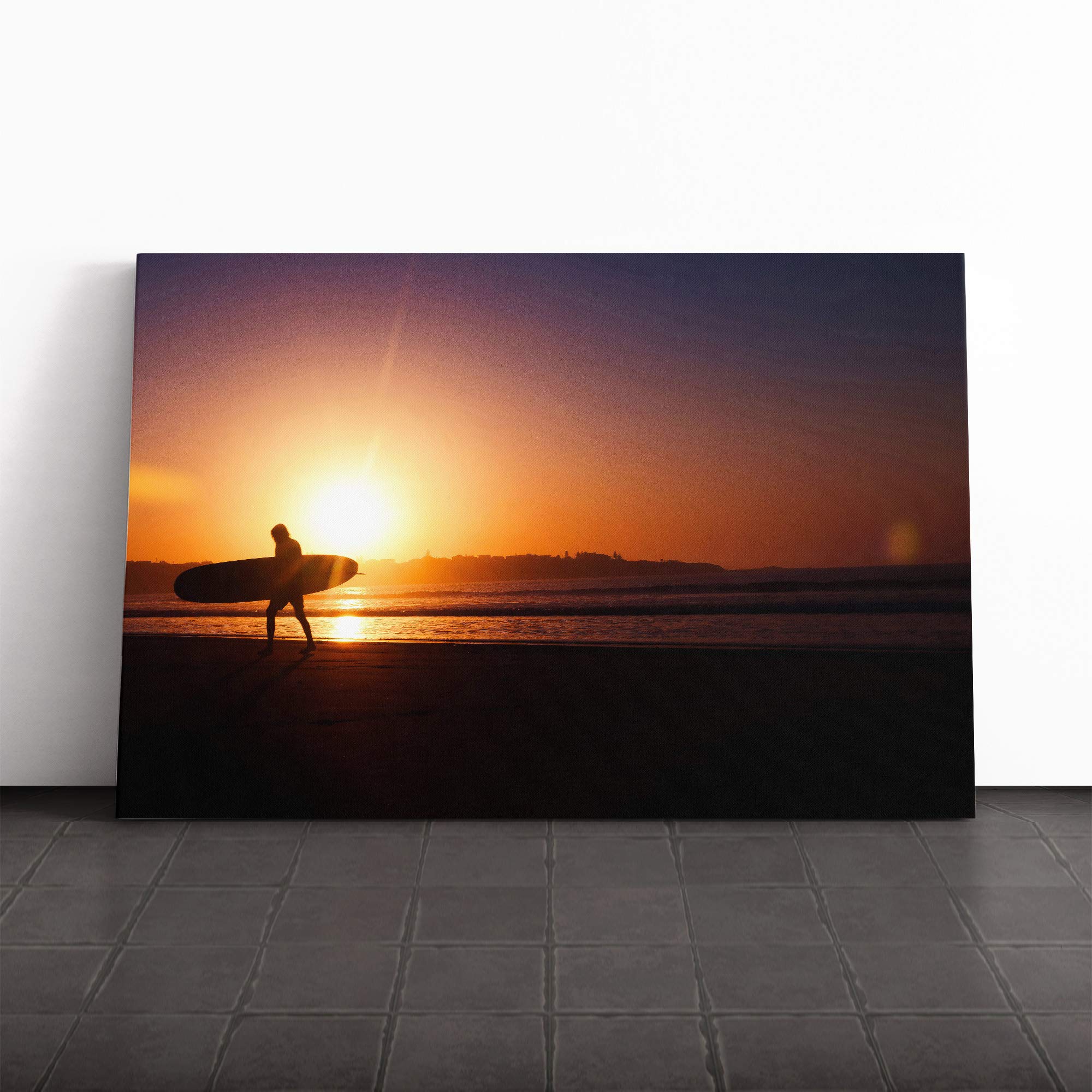 Surfer in The Sunset Seascape Canvas Print | Gallery Wrapped 30mm Frame Wall Art | 30x20 inches | Ready to Hang | Modern Seascape Picture | Living Room Bedroom Lounge Office