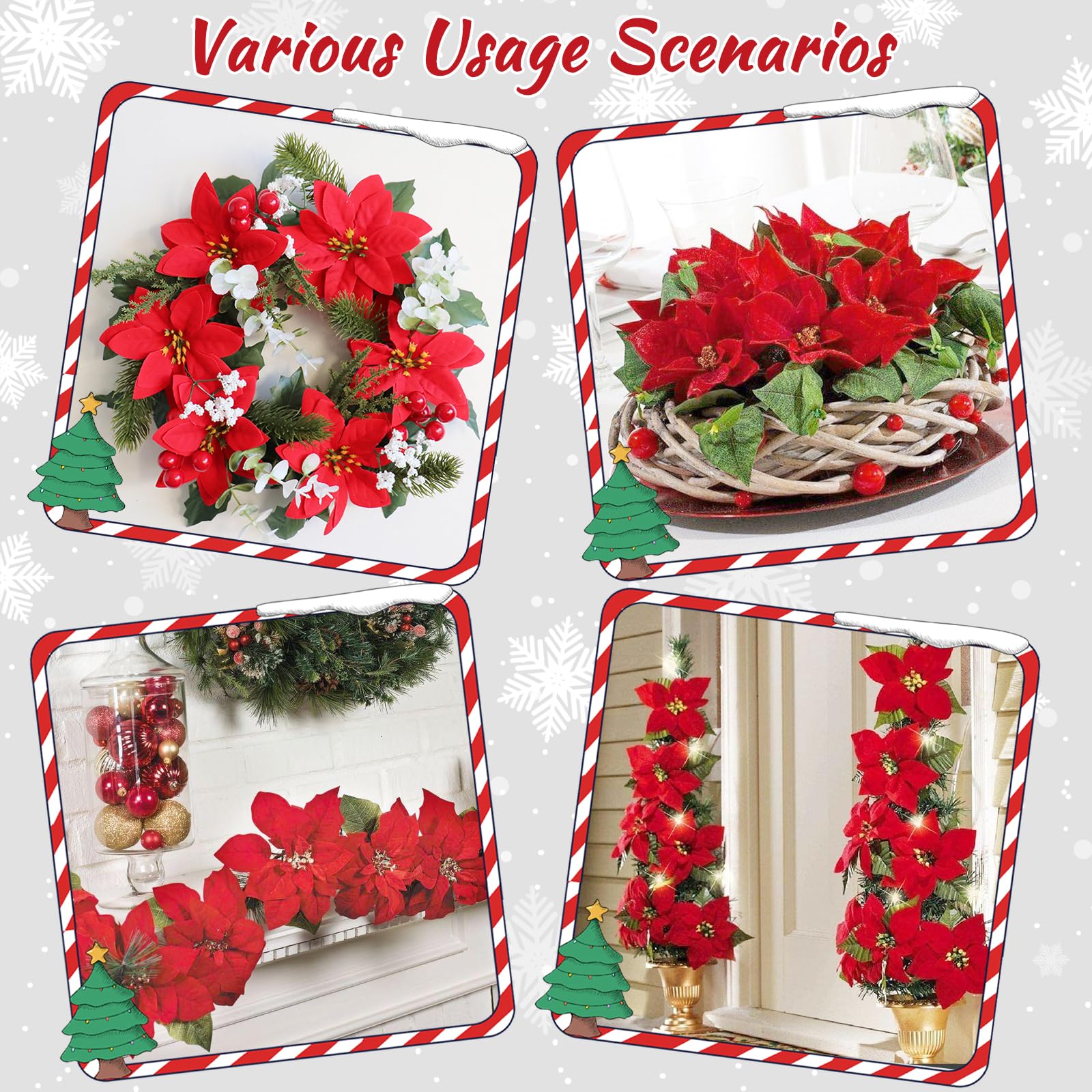 Decoraciones de Navidad – Paquete de 12 flores artificiales de Navidad de 14.1 pulgadas, flores de Pascua artificiales de terciopelo rojo para árbol de Navidad, hogar, fiesta, porche, patio,