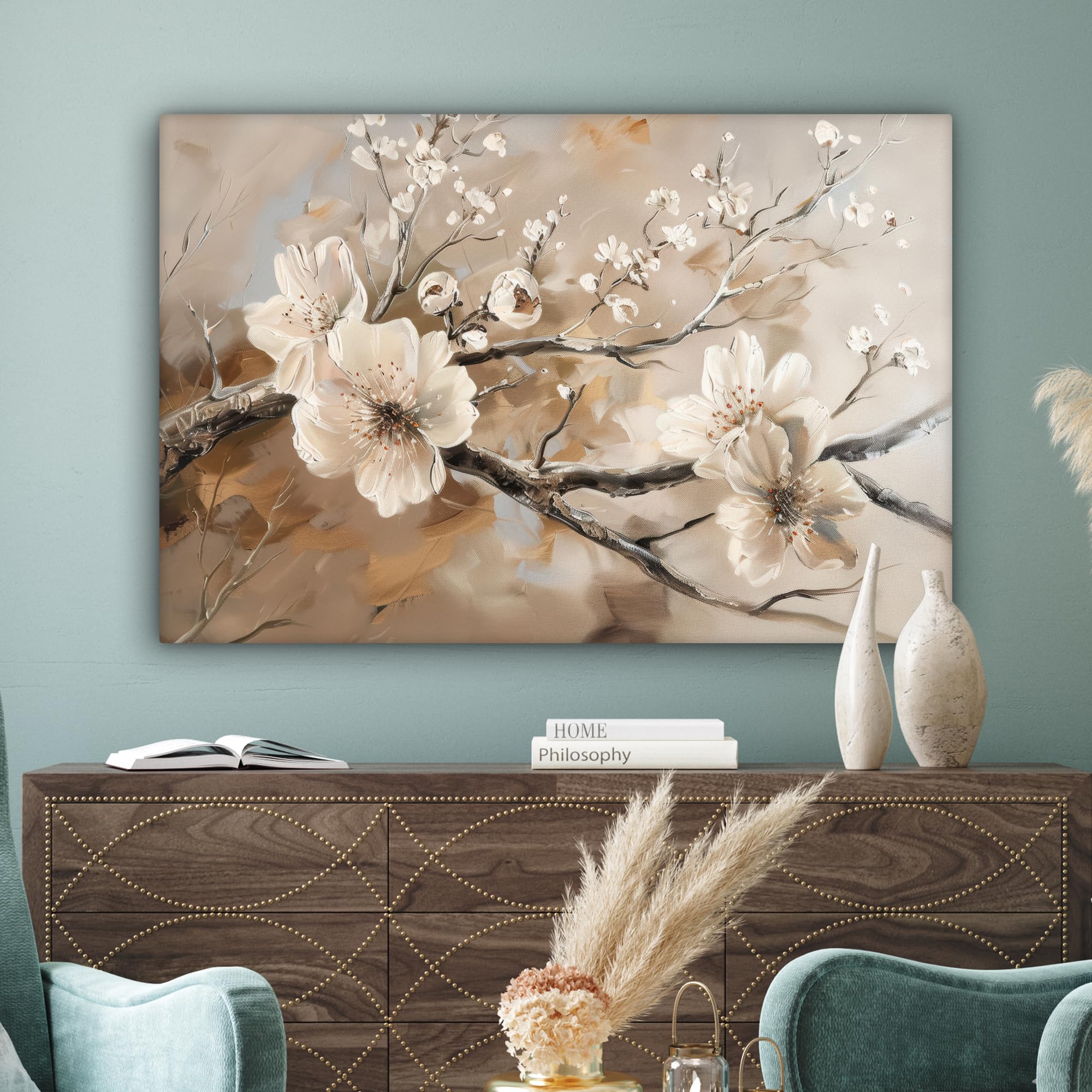 MuchoWow Bild auf Leinwand 120x80 cm XXL Wand Deko Blumen Natur Weiß Blüte Abstrakt