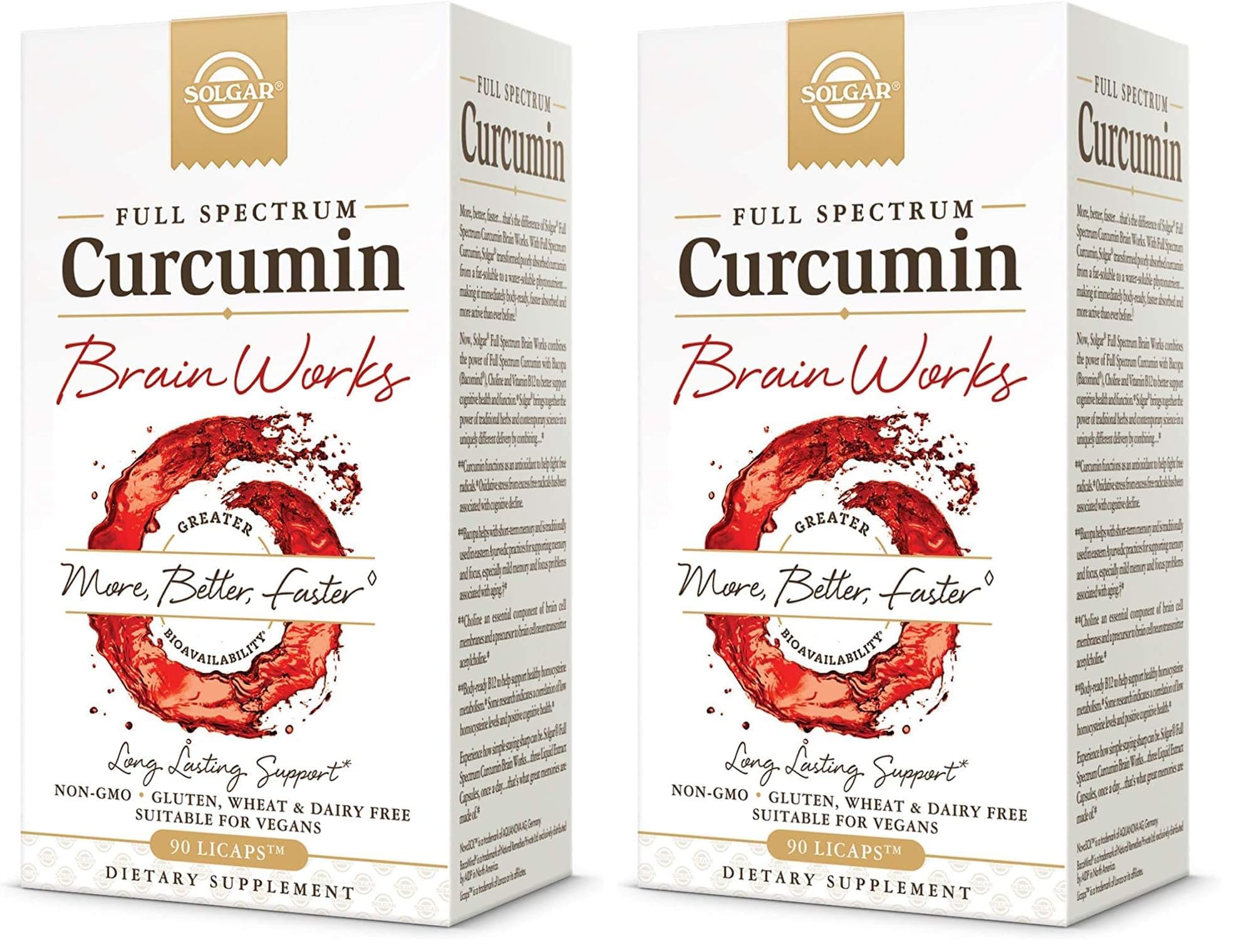 Solgar Full Spectrum Curcumin Brain Works, 90 Licaps - Support Memory Recall, Focus, Cognitive Function - Antioxidant Support - Curcumin, BacoMind, Choline, Vitamin B12 - Non-GMO, Vegan - (Pack of 2) 1 Count (Pack of 2)