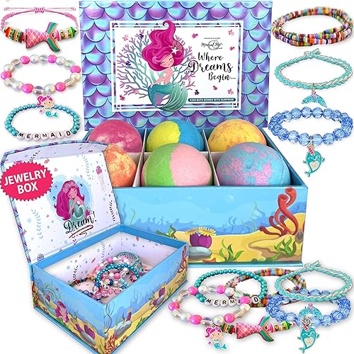 Bombas de baño de sirena para niñas con joyas en el interior y caja de joyería para niños, orgánicas, hidratantes para la piel, bombas de baño de