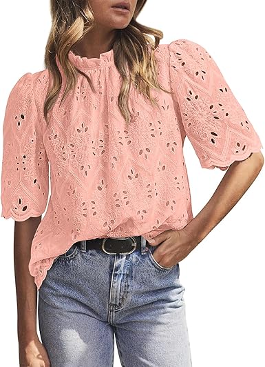 BETTE BOUTIK Womens Lace Tops 2025 Trendy Long Short Sleeve Eyelet Embroidered Dressy Casual Blouse Shirts
