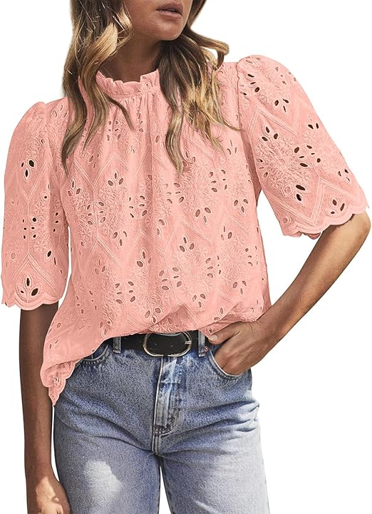 BETTE BOUTIK Womens Lace Tops 2025 Trendy Long Short Sleeve Eyelet Embroidered Dressy Casual Blouse Shirts