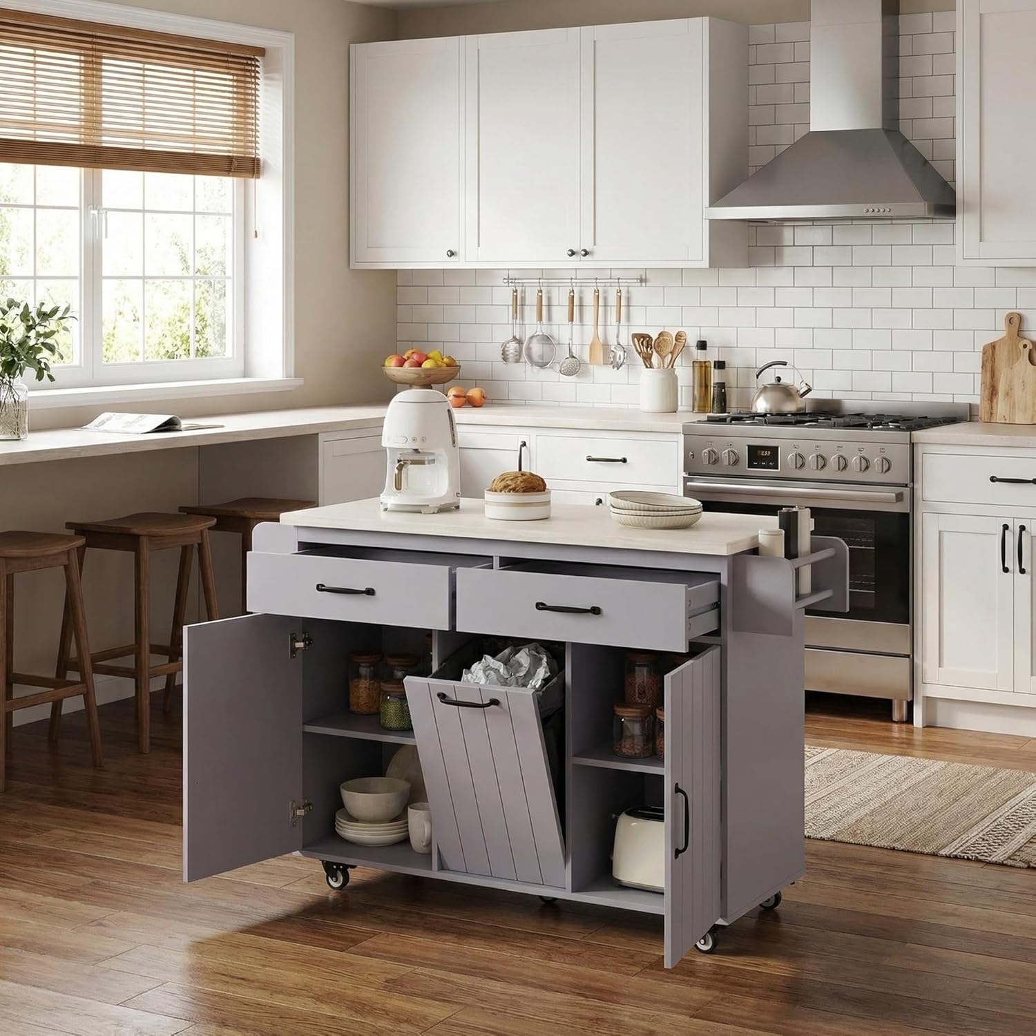Casaphoria Kitchen Island with Hidden Trash Can Cabinet, Rolling Kitchen Cart with Drop Leaf Countertop for Dining Prep, Storage Drawers, Spice Rack, Mobile Coffee Bar for Small Spaces, Grey