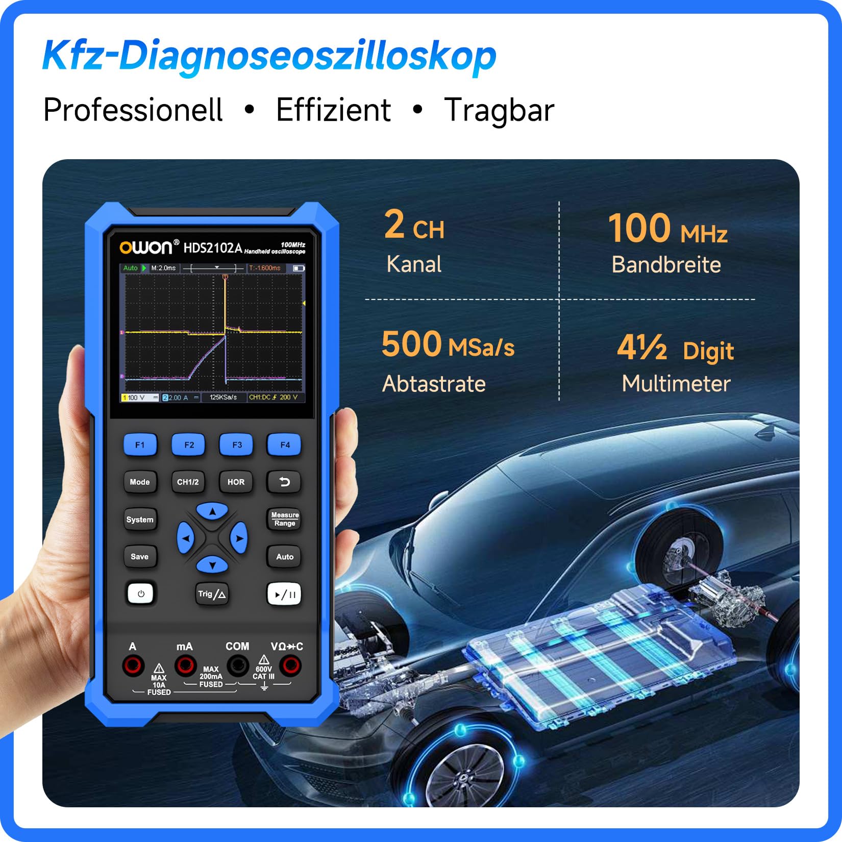 OWON HDS2102A Kfz Diagnose Oszilloskop mit hochauflösendem 3,5 Zoll Display, 100MHz Bandbreite, 2 Kanälen, 500 MSa/s, 3 in 1 Multimeter und Kfz Fehlerdiagnosegerät mit Typ C-Anschluss (Standard)