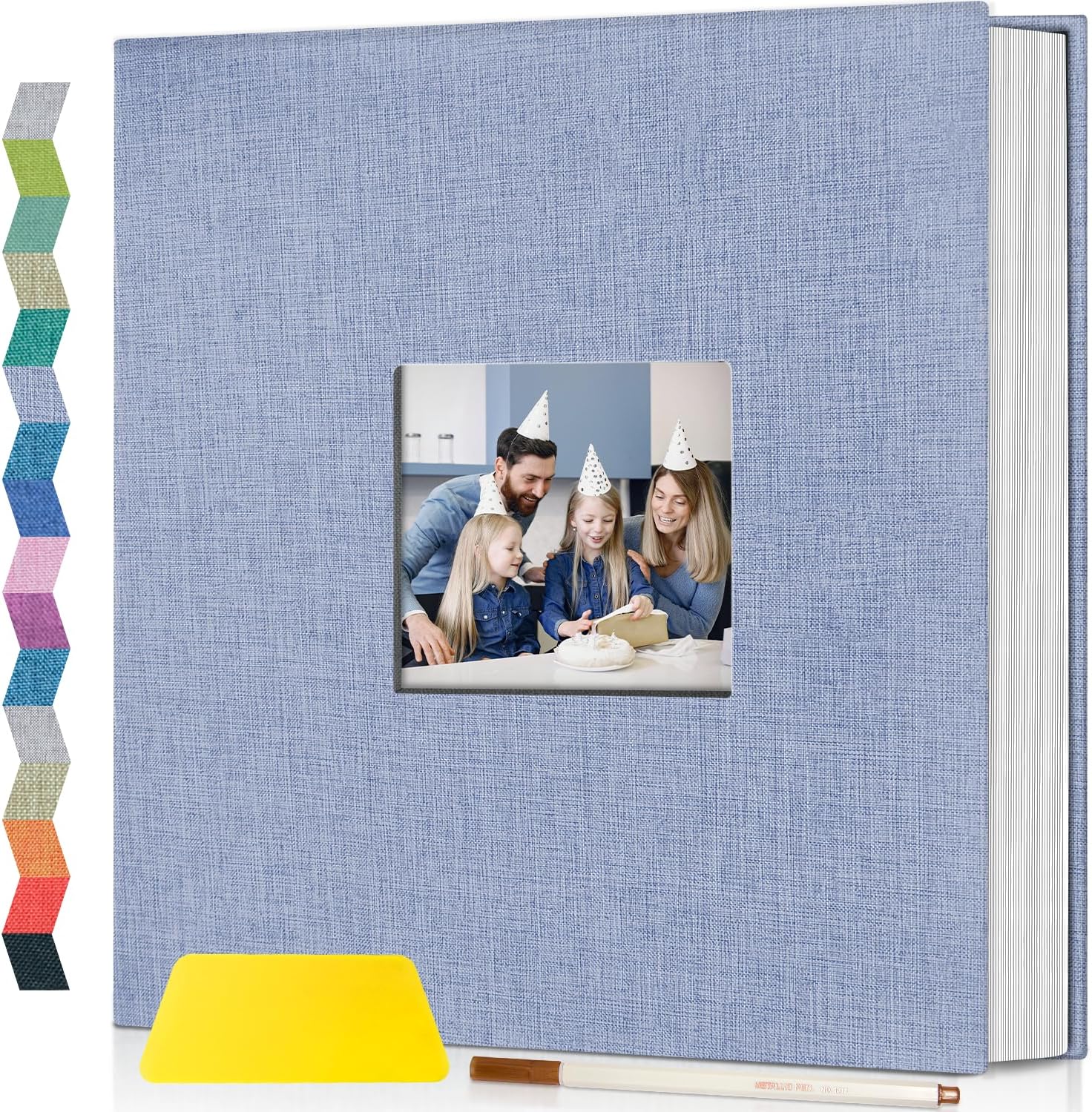popotop Photo Album Self Adhesive with Picture Display Window,60 Pages DIY Scrapbooking Supplies Kit for 4x6 10x12 Picture,Linen Cover Memory Book for Baby Wedding, with Scraper and Metallic Pen 13.1"X 12.6"60 Pages Sky blue