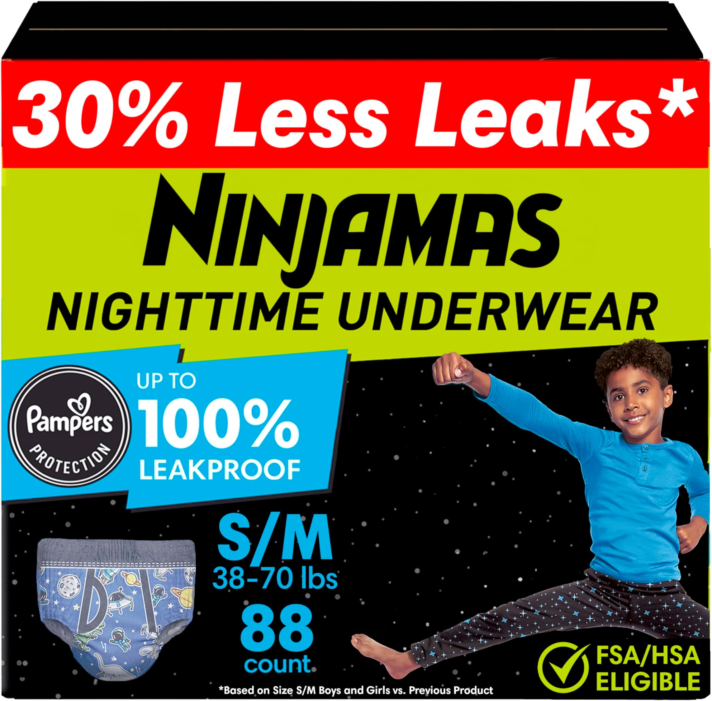 Boys Bedwetting Nighttime Underwear, Size S/M (38-70 lbs), 88 Count, Overnight Protection, Ultra Absorbent, Hypoallergenic
