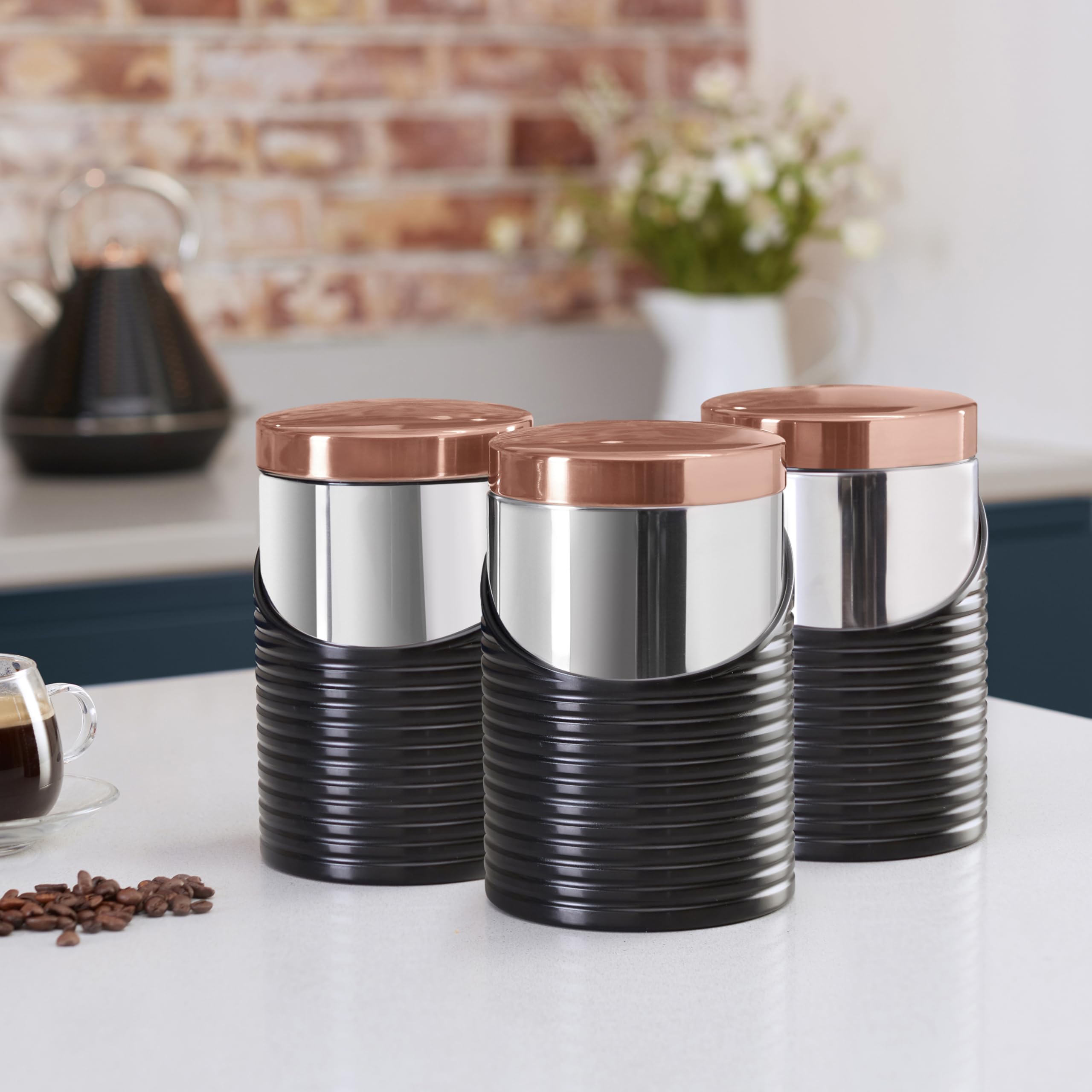 Tower Linear - Set di 3 barattoli in Acciaio Inox, 11,6 x 11,6 x 17 cm, Acciaio Inossidabile, Nero e Oro Rosa., 11.6 x 11.6 x 17 cm
