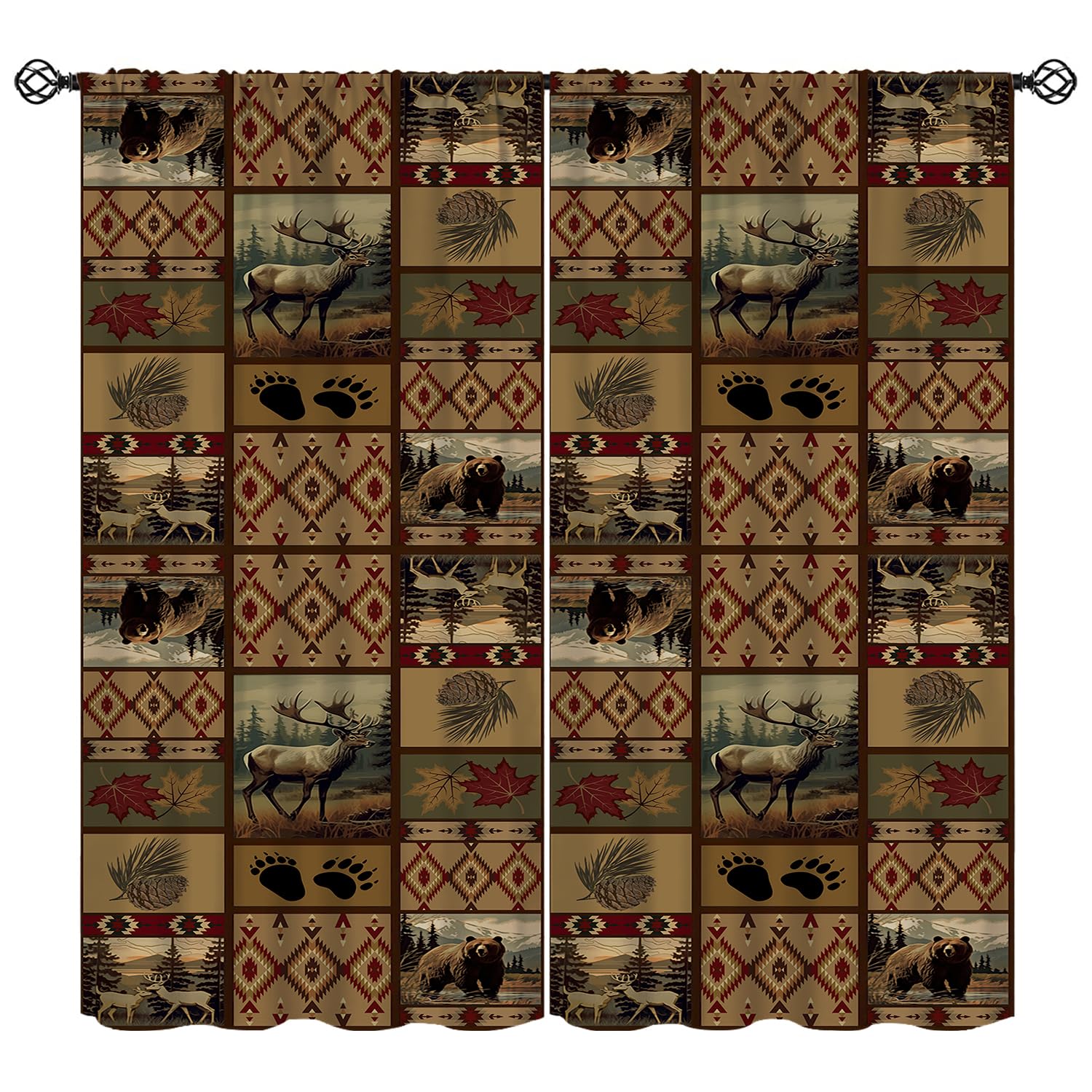 Retro Rustic Deer Bear Window Curtains, Wildlife Leaf Pine Cone Farmhouse Cabin Lodge Rod Pocket Windows Treatment Drapes for Bedroom Living Room