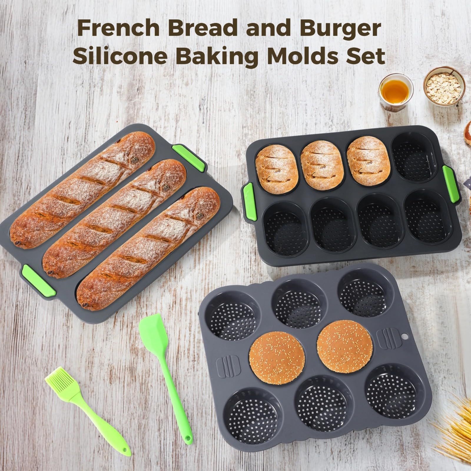 Lot de 5 moules en silicone pour pain français, moule à baguettes 3 compartiments, moule à petits pains 8 compartiments, avec spatule et pinceau à huile pour boulangerie maison