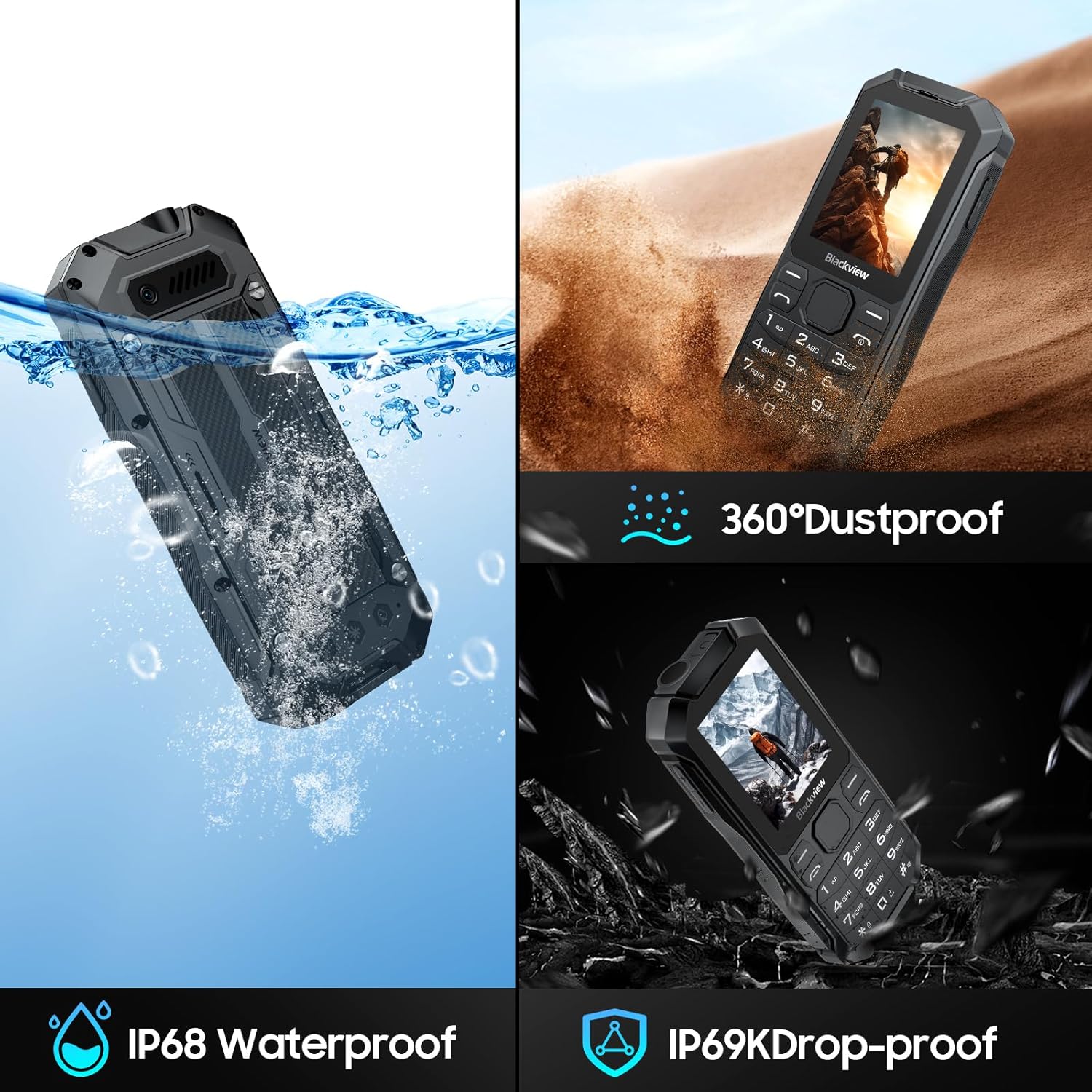 Image showing Blackview N1000 phone submerged in water (IP68 Waterproof) and another image showing it falling onto rocks (IP69K Drop-proof, 360° Dustproof)