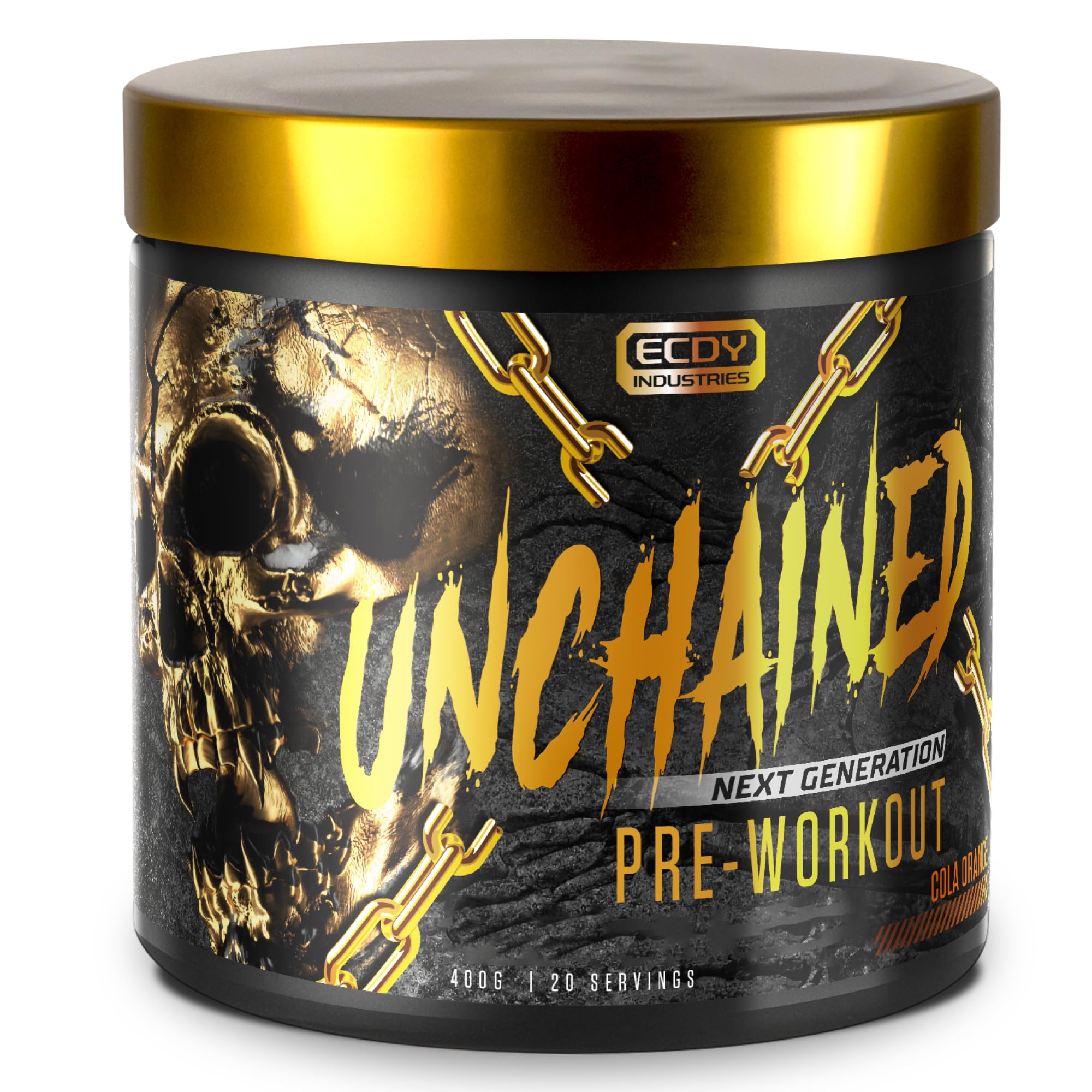 UNCHAINED® - Booster pre-allenamento con ecdysterone | 20 dosi (400 g) con caffeina | L-arginina, L-citrullina-malato, beta-alanina + altri 14 principi attivi | 100% energia | arancia cola