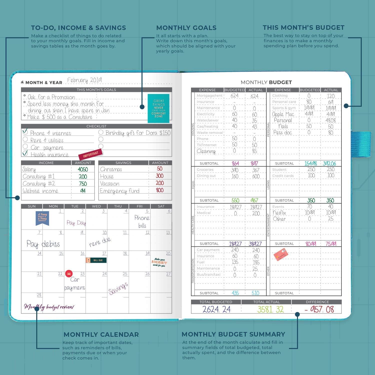 Clever Fox Budget Planner & Cash Envelopes for Budget System Bundle - Monthly Budget Organizer & 12 Money Envelopes - Household Budgeting Book & Envelopes for Women & Men – A5, Teal & Multicolor : Office Products