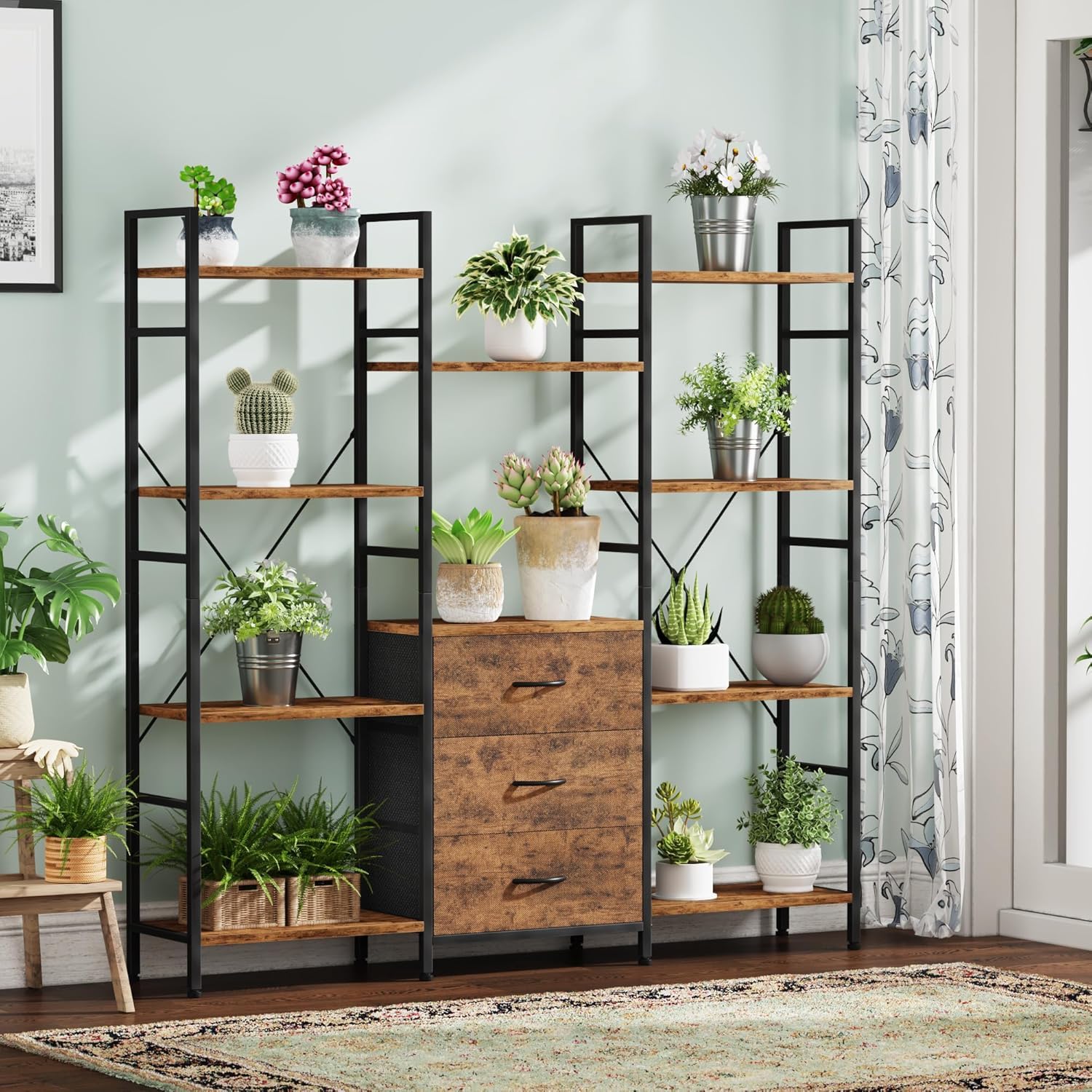 Bibliothèque Haute 100 L x 142 H cm avec 3 Tiroirs en Tissu, Étagère à 4 Niveaux, Grande Étagères de Rangement pour Salon, Bureau, Chambre à Coucher, Cuisine, étagères Ouvertes Bois Rustique