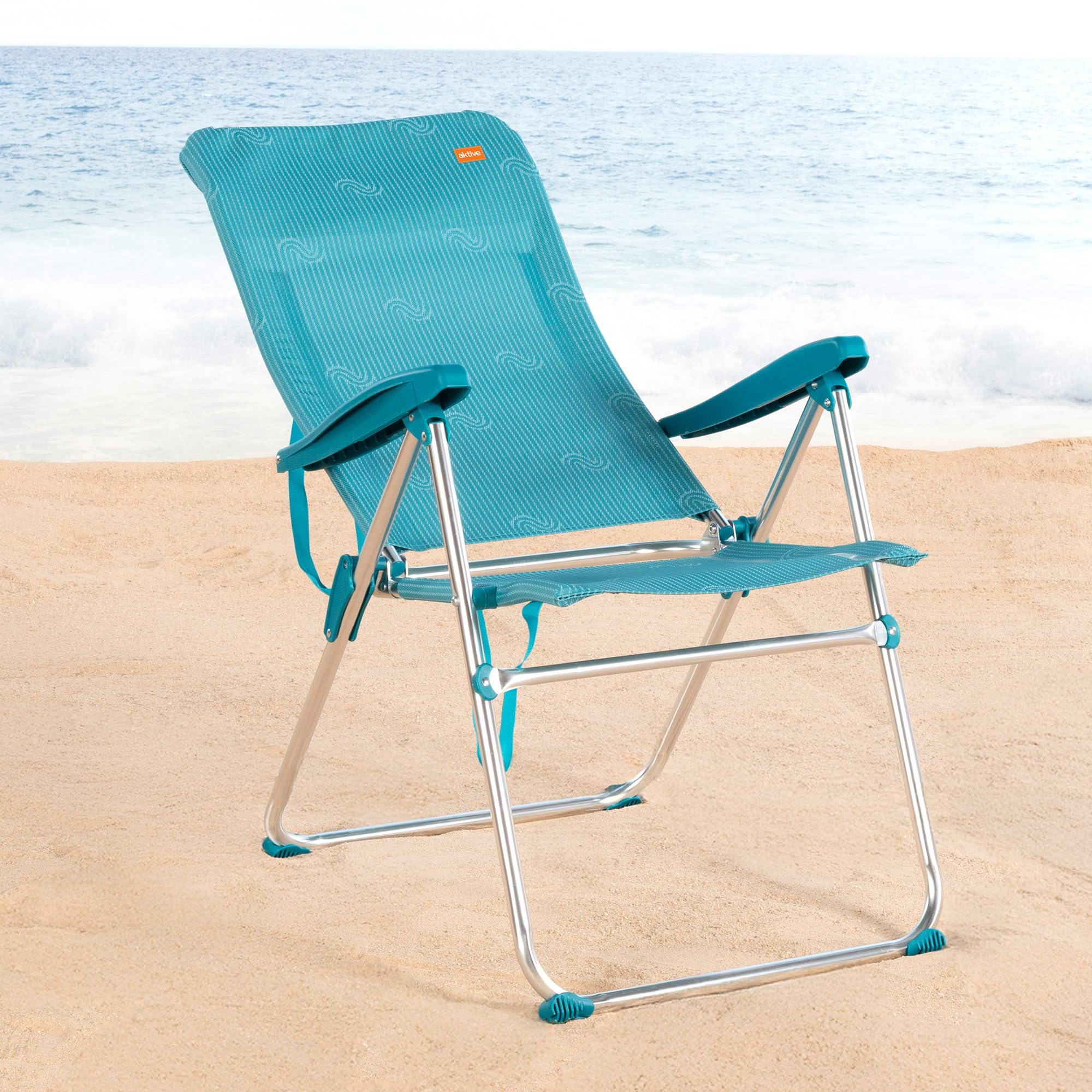 AKTIVE Silla de Playa Plegable, 5 Posiciones, Color Azul, Mide 47x67x110 cm, Soporta 110 kg, Topes antivuelco, Asas de Transporte, Sillas Respaldo reclinable (62468)