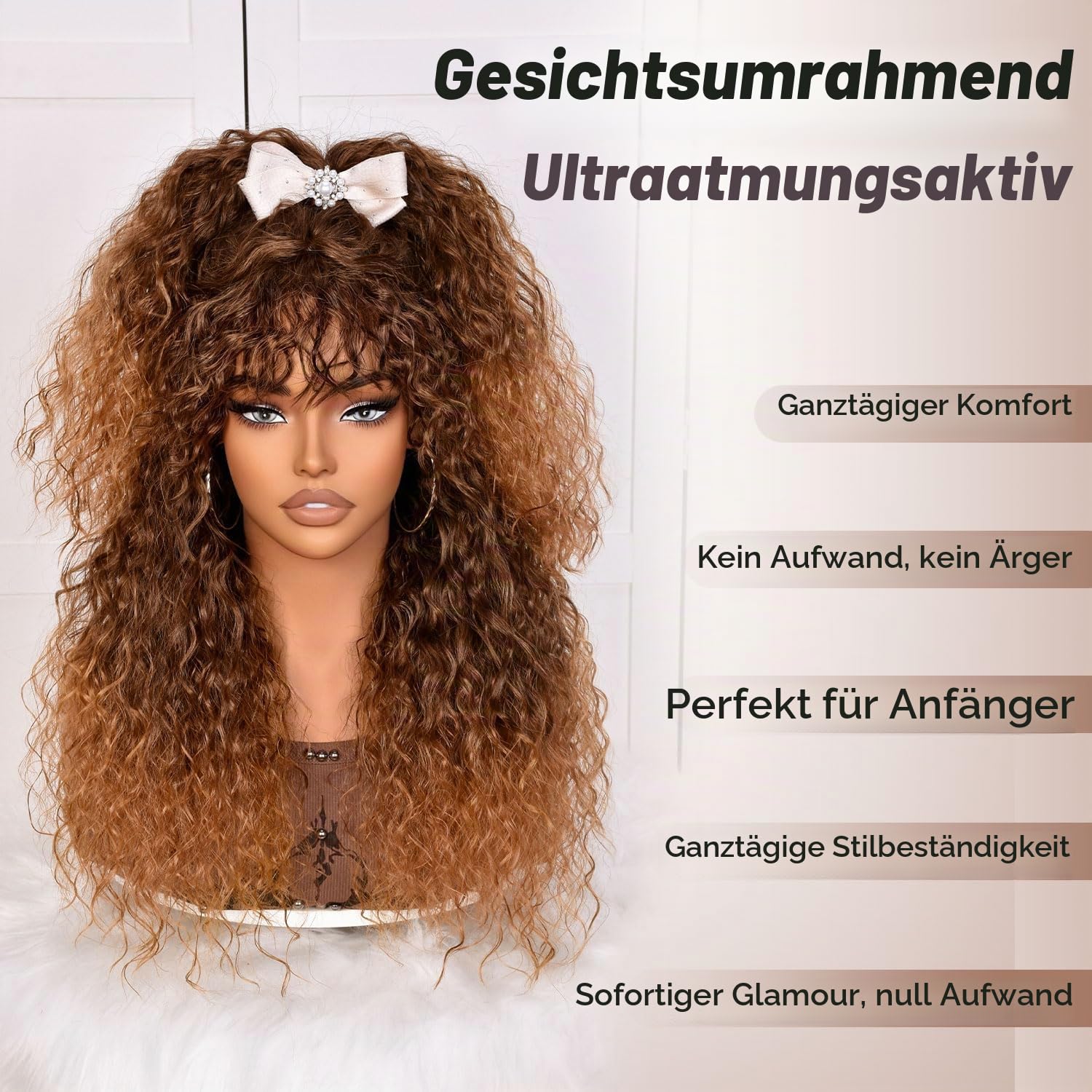 Lizzy Ombre Braun Lockige Perücke mit Pony für Schwarze Frauen Lange Lockige Echthaar Perücke Klebefrei für den Alltag, Realistischer Look mit Echtem Haaransatz