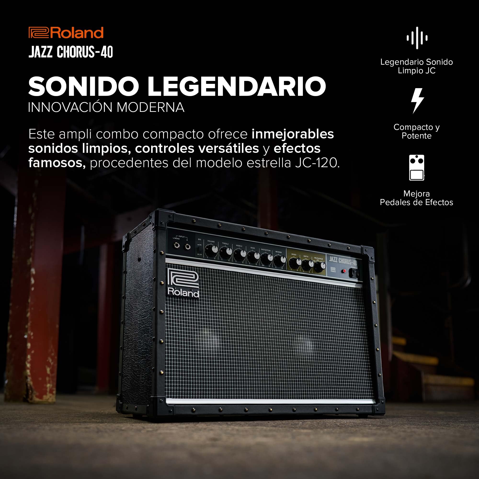 Roland JC-40 Jazz Chorus | Ampli de Guitarra Compacto | Sonido limpio JC mítico | Efecto Dimensional Space Chorus | Ampli estéreo de 40 W | Dos altavoces de 10 pulgadas