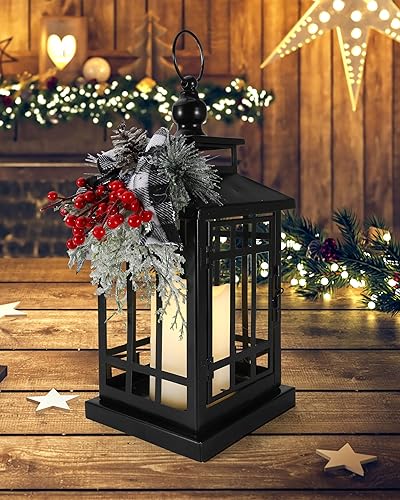 Farol de Navidad de metal negro con vela sin llama, 14 pulgadas, funciona con pilas y función de temporizador, regalos festivos para interiores y